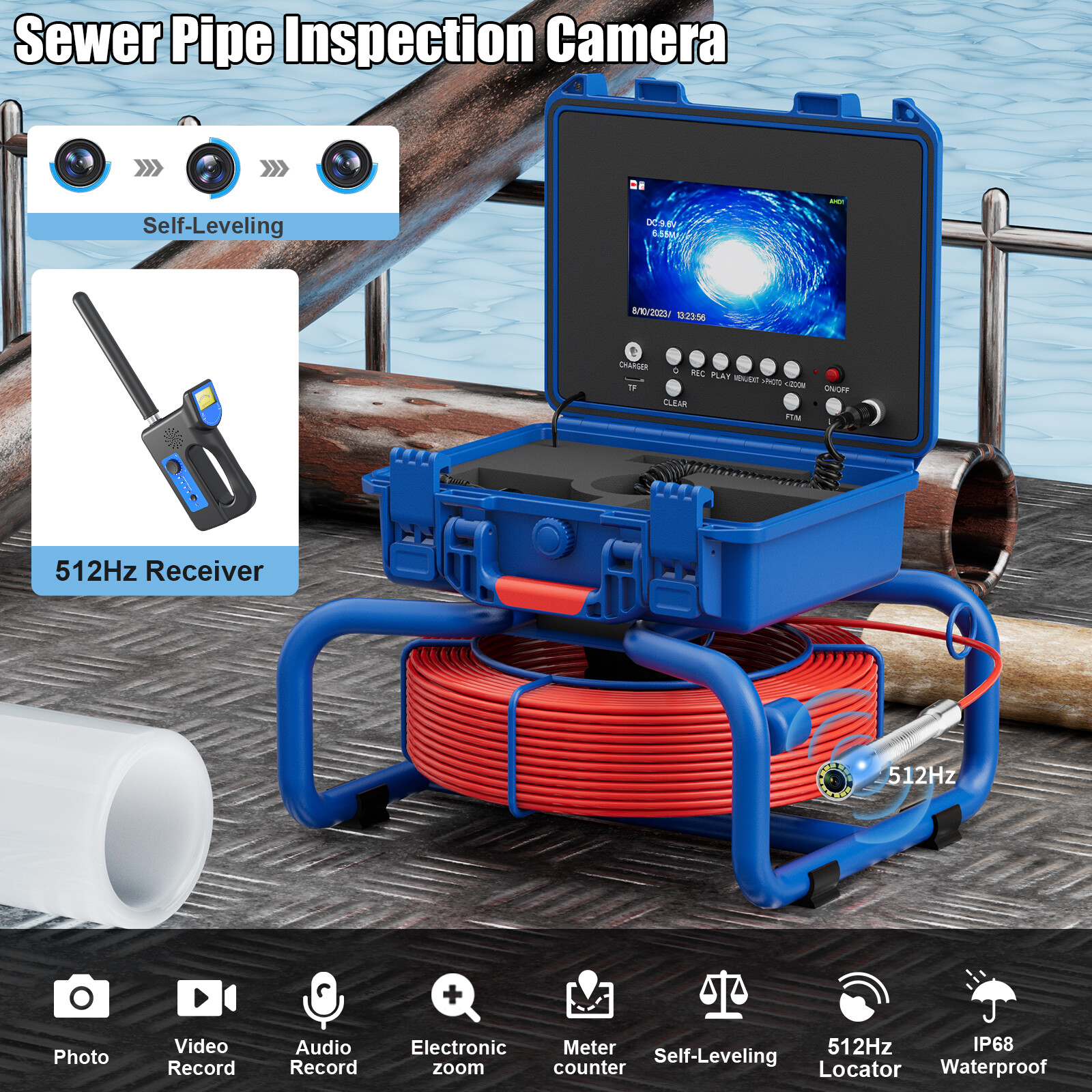 Pipe Inspection Camera 512hz Drain Sewer Camera Self Leveling with Locator 20 m