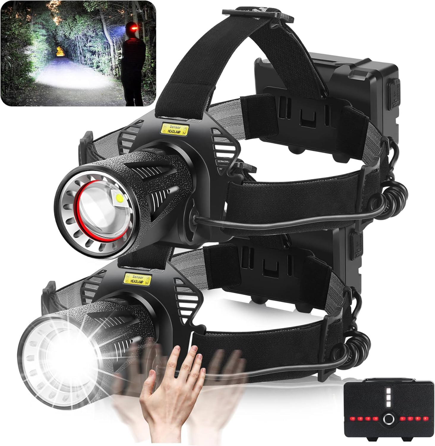 LED Rechargeable Headlamp with Motion Sensor, 7 Modes, Waterproof - 2 Pack