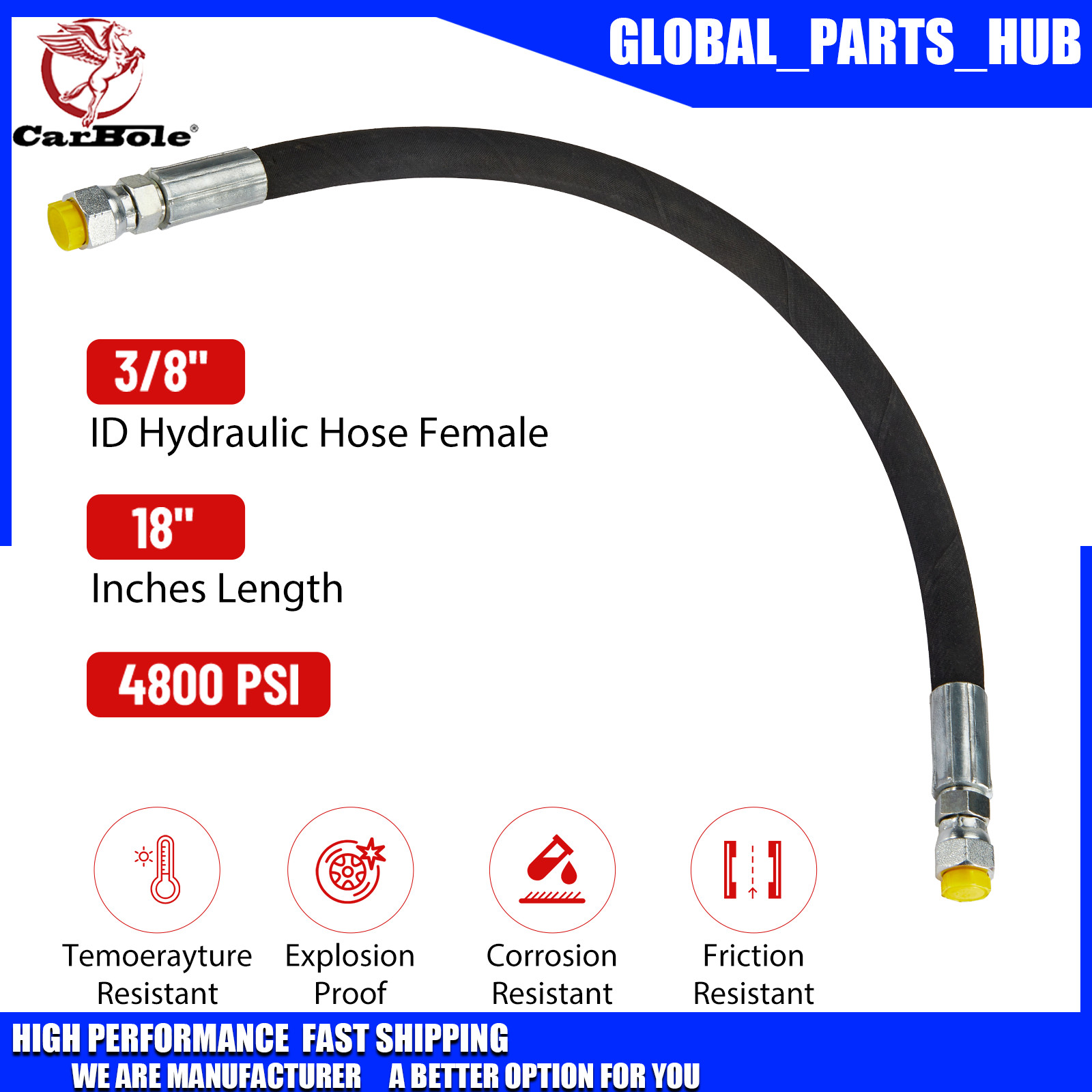 3/8" Inch Hydraulic Pipe - 6JIC (9/16-18)Female Straight Swivel-4800 Working PSI