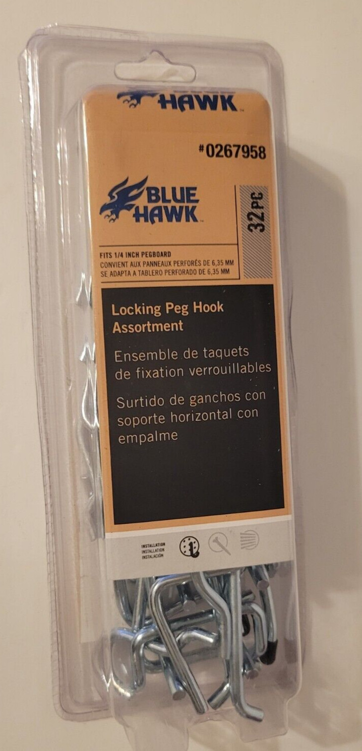 Blue Hawk Locking Peg Hook Assortment Fits 1/4" Pegboard 32 Piece Set  NEW