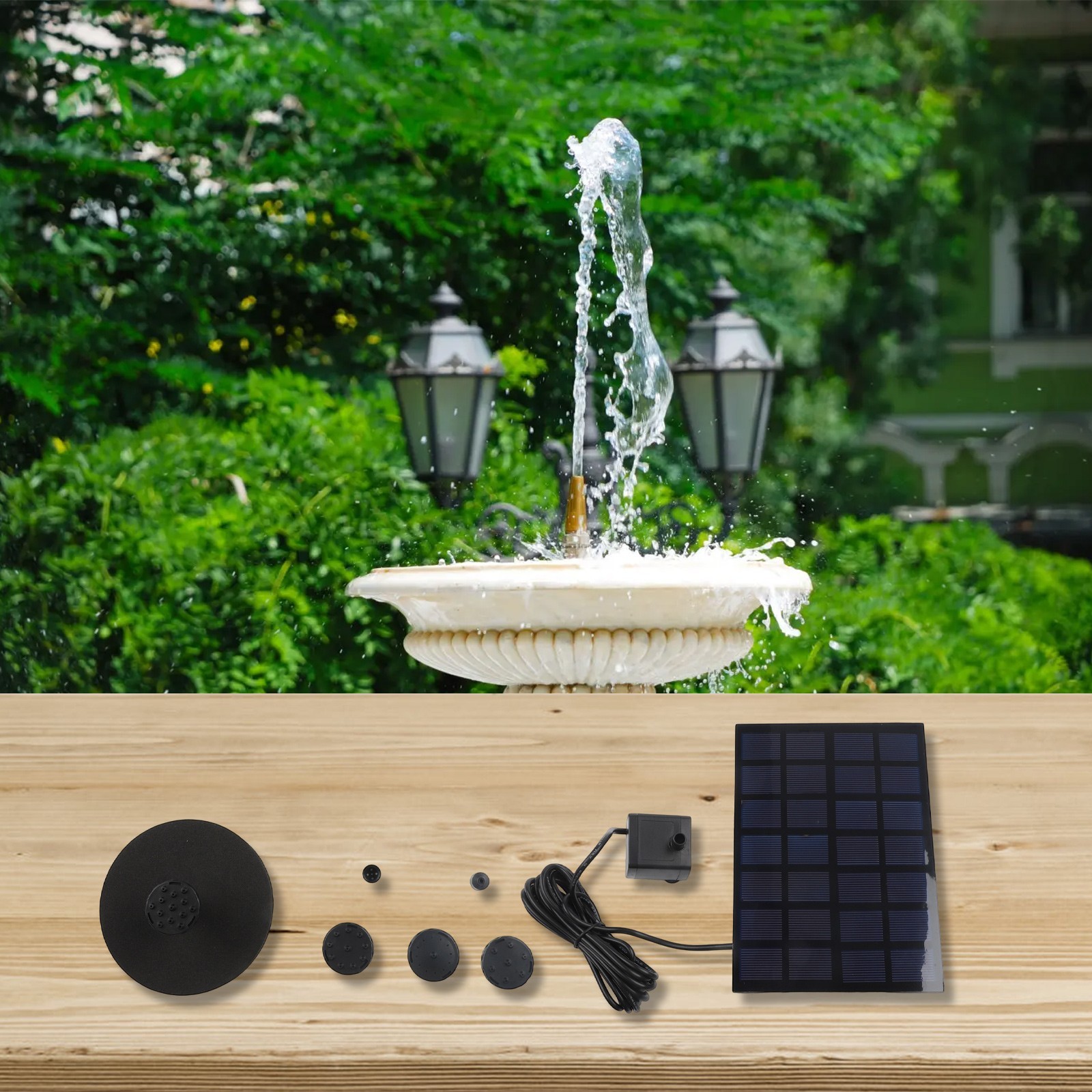 Robust Solar Fountain Pump with 6 Nozzles for Bird Baths and For Gardens