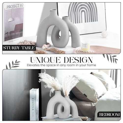 Ceramic Hug Vase () Modern Donut Style Hugging Vases for Flowers Soft Gray