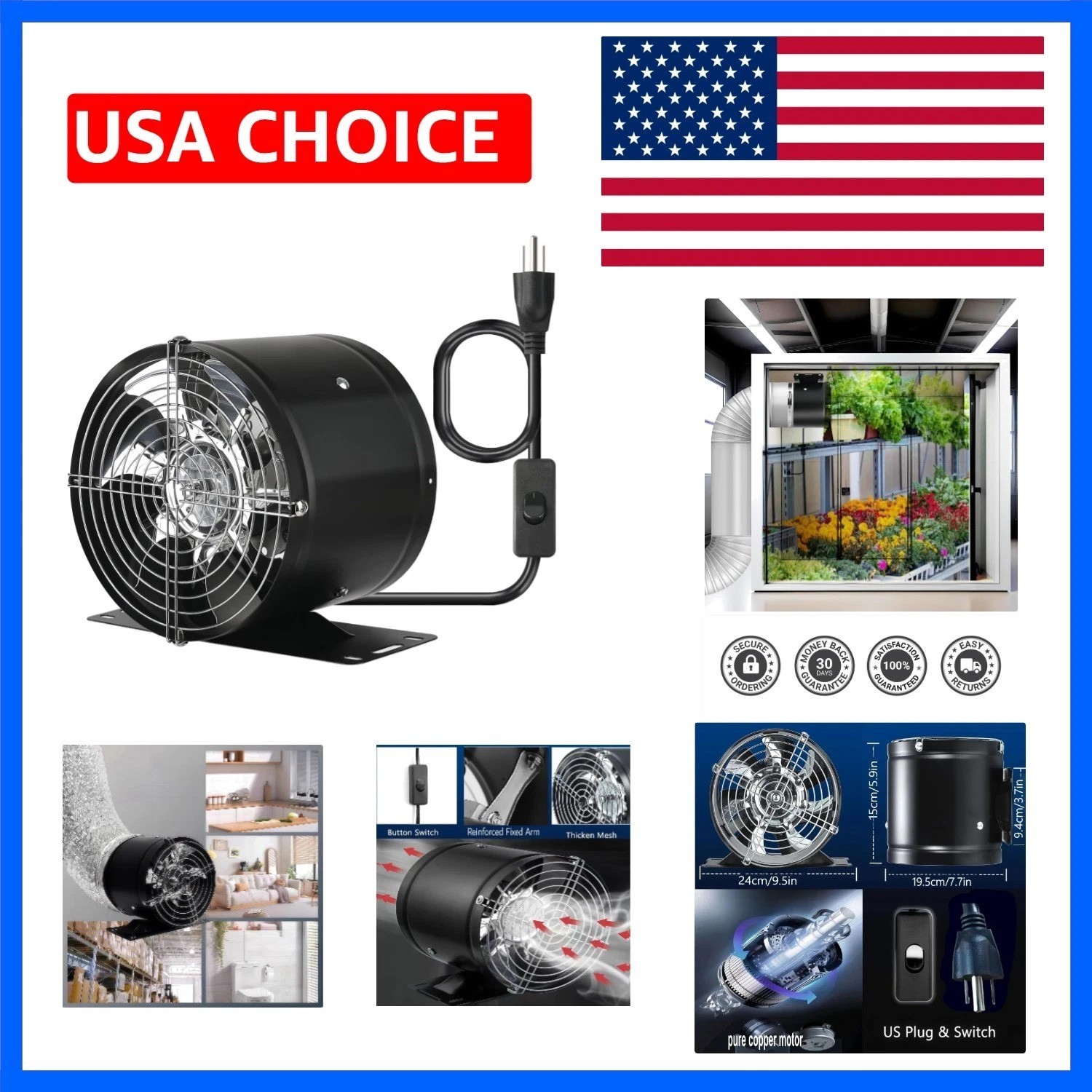 8 Inch Inline Duct Fan, with Switch Low Noise High Air Flow Extractor Fan Met...