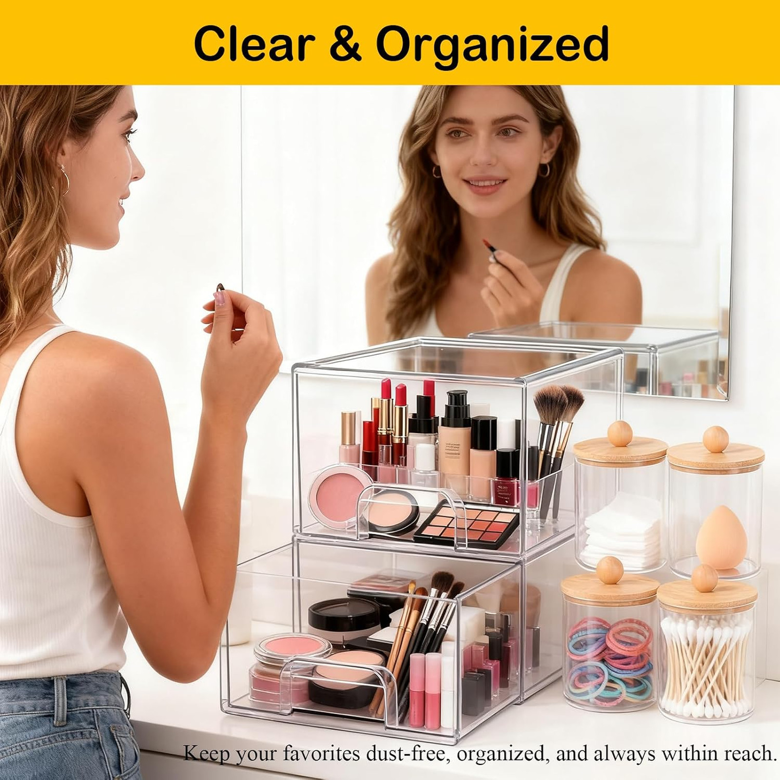 6 Pack Clear Stackable Storage Drawers & Qtip Holder Dispenser with Bamboo Lids