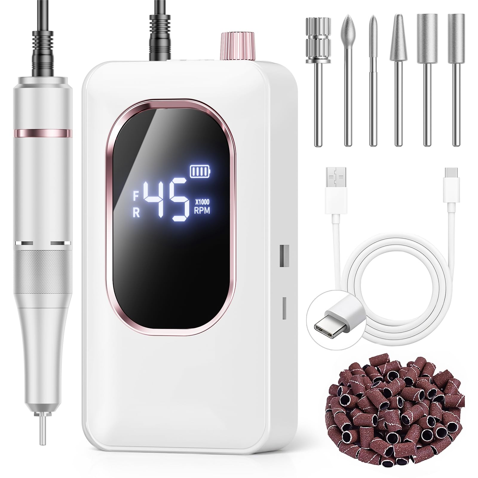 Professional Electric Nail Drill 45000RPM, Portable Nail File for Acrylic Gel Na