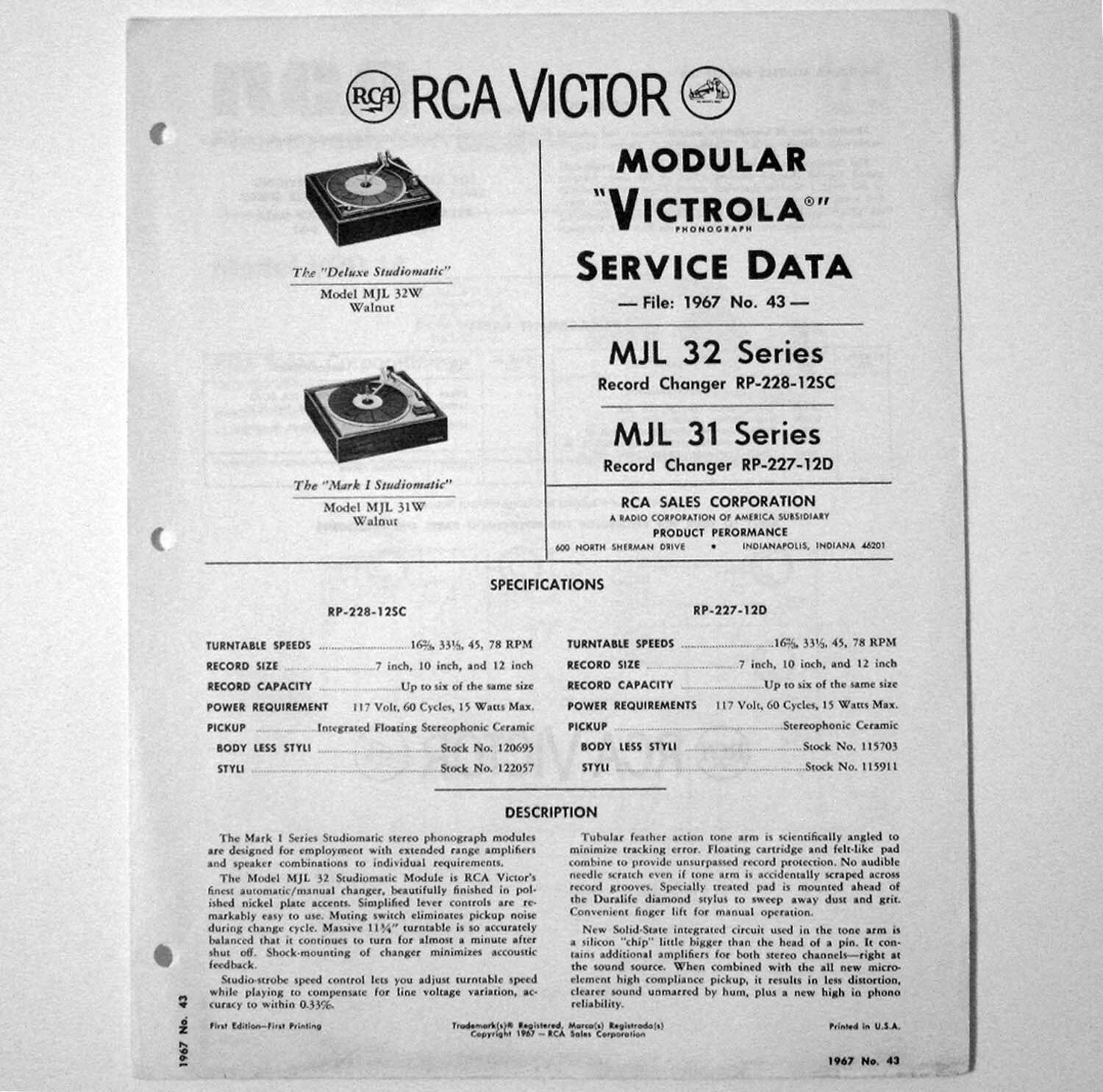RCA ® Models MJL 32 Series MJL 31 32W 31W Series Phono - Service Sheet © 1967