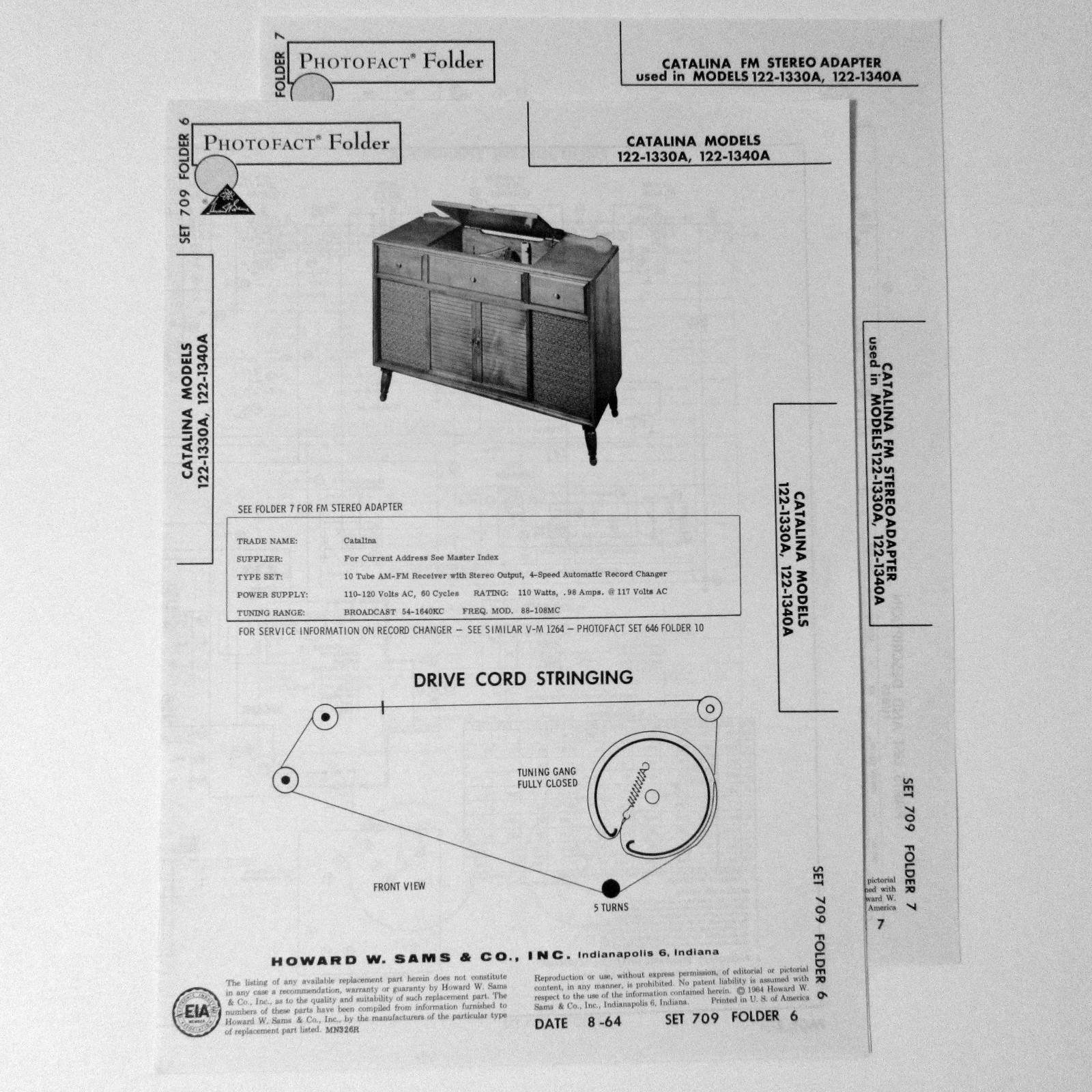 Catalina Models 122-1330A 122-1340A Console Changer SAMS Photofact ™ 1964 - New