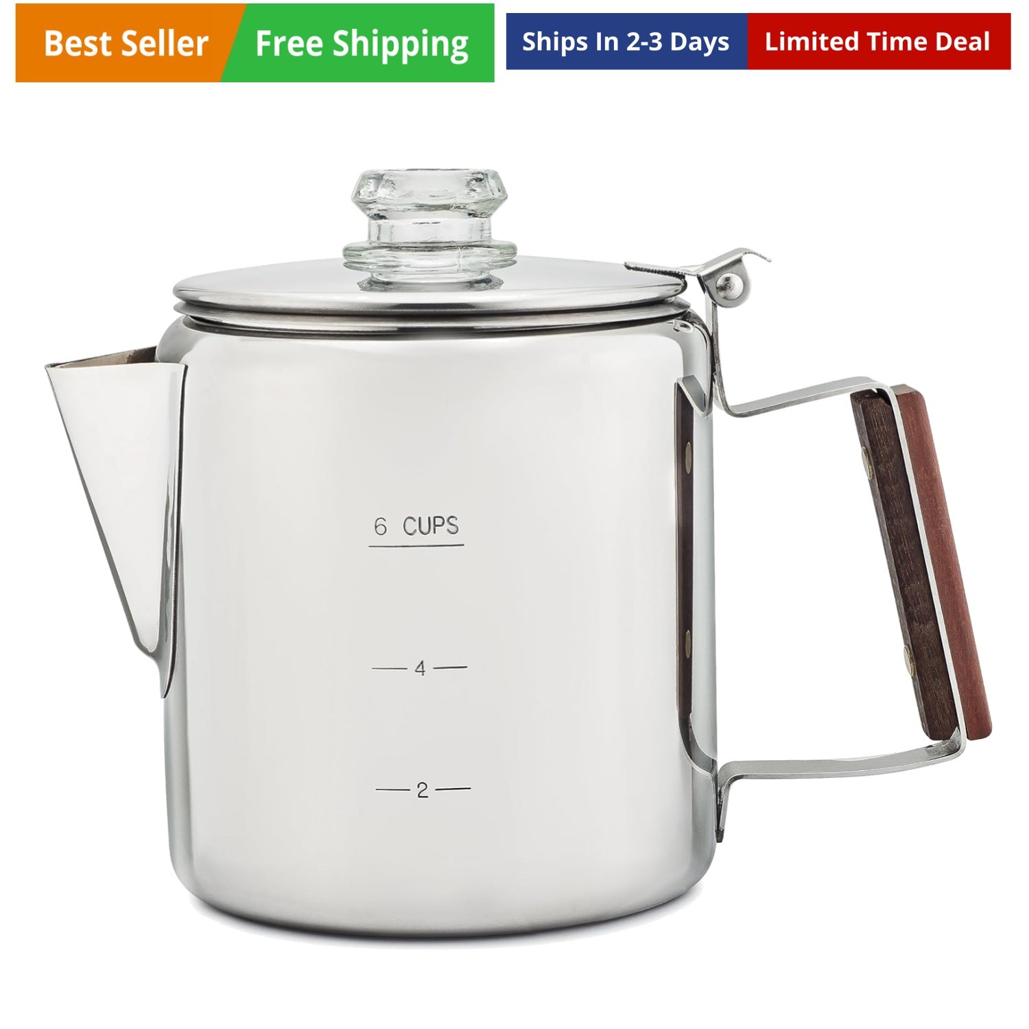 Percolator Coffee Pot — NO Aluminum or Plastic [6 cup]