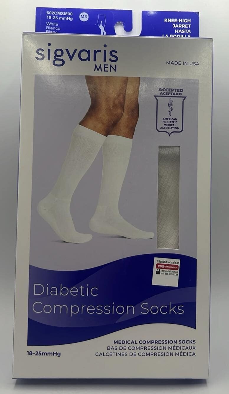 Sigvaris Men Diabetic Compression Socks ~ MS ~ WHITE ~ 1 TOTAL ~ KNEE HIGH ~ NEW