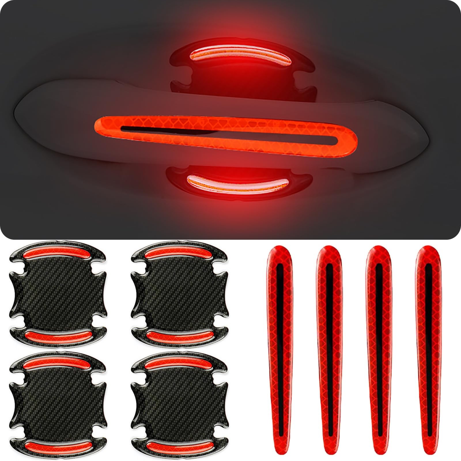 8Pcs Car Door Handle Protector Reflective Sticker,3D Carbon Fiber Universal D...