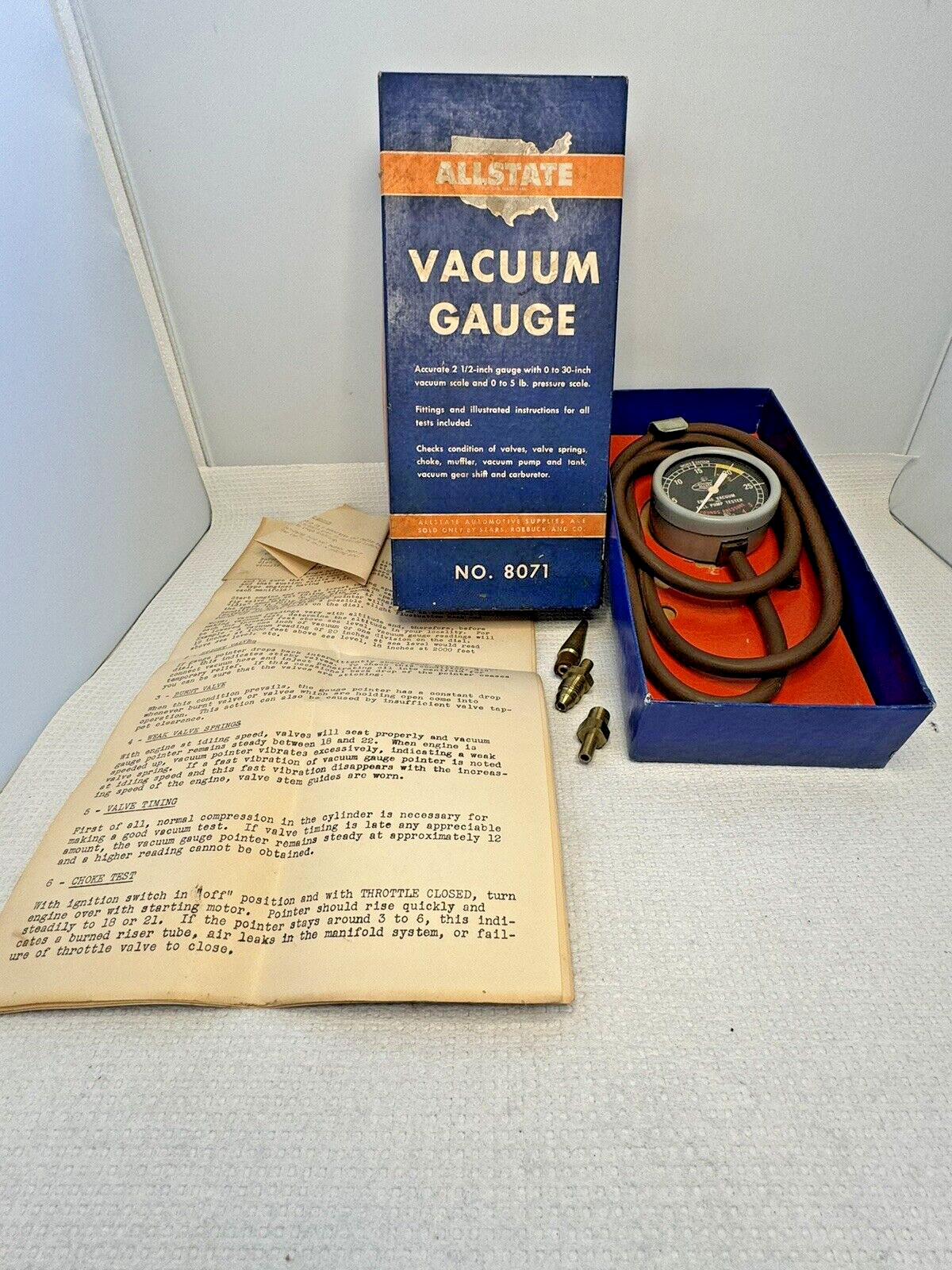 Vintage Allstate Vacuum Gauge No 8071 & Original Box & Instructions