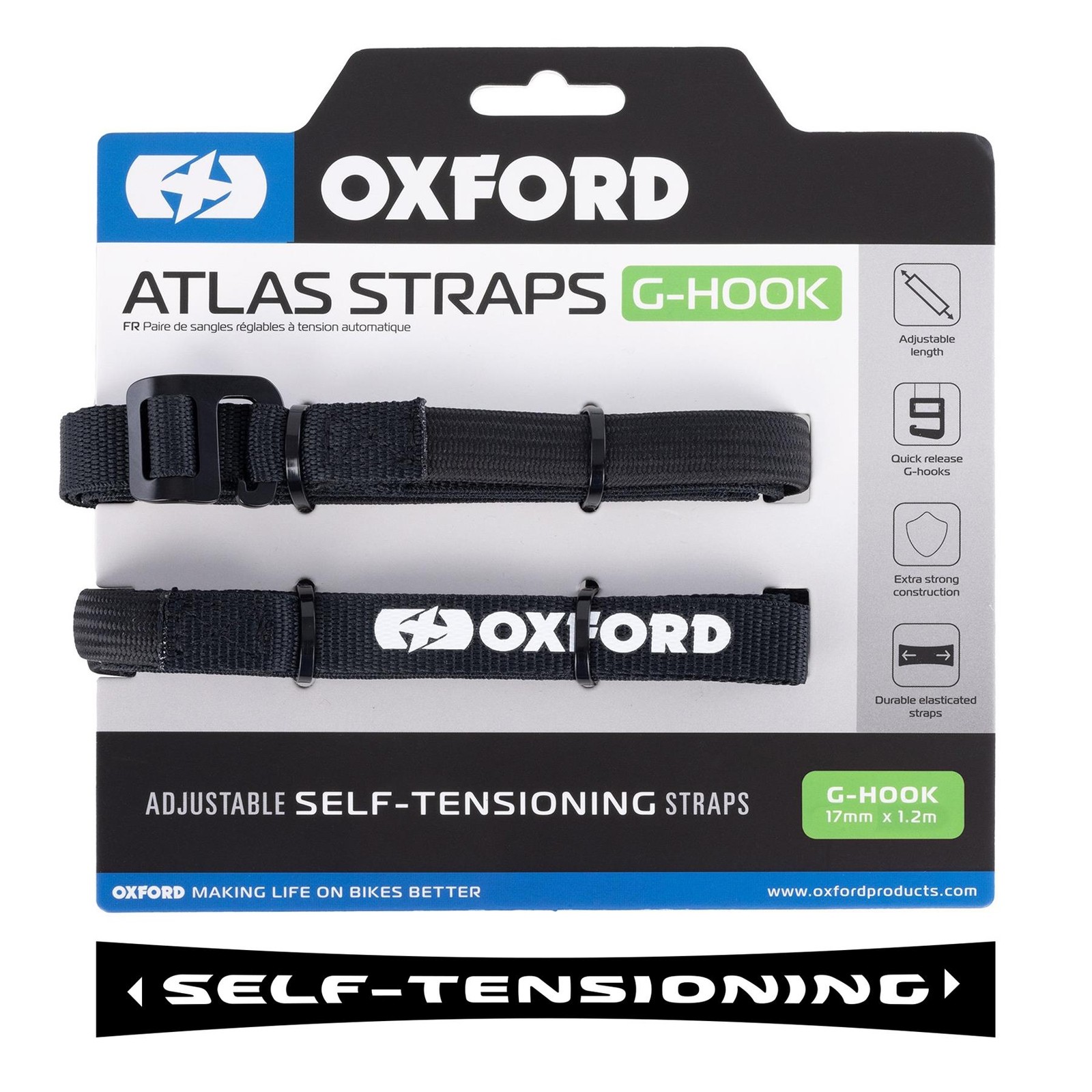 Oxford Atlas G-Hook 17mm x 1.2M Black (Pair) Motorcycle Tie Down Straps