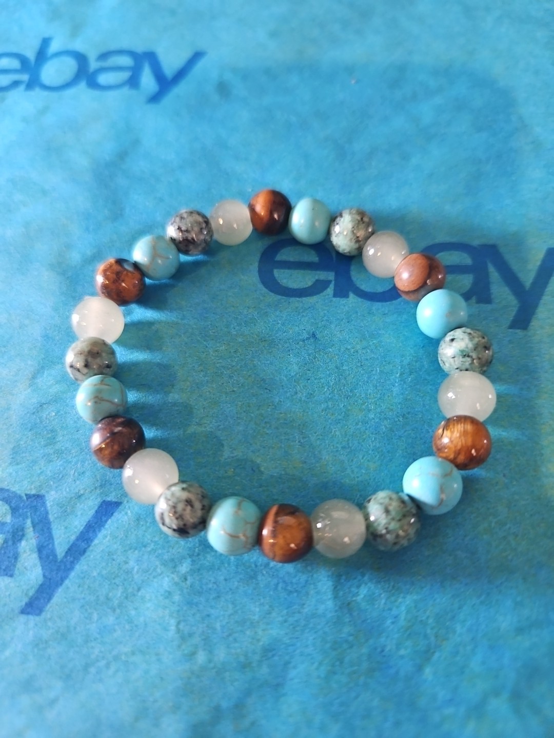 Beaded Stretch Bracelet Featuring Moss Agate, Tiger's Eye, Turquoise NEW