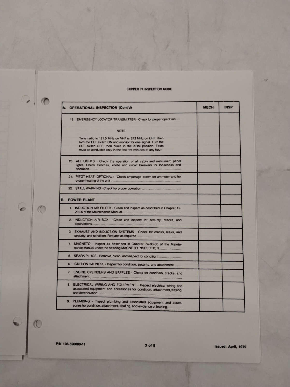 Beechcraft Model Skipper 77 Inspection Guide (12-Sets)-Original