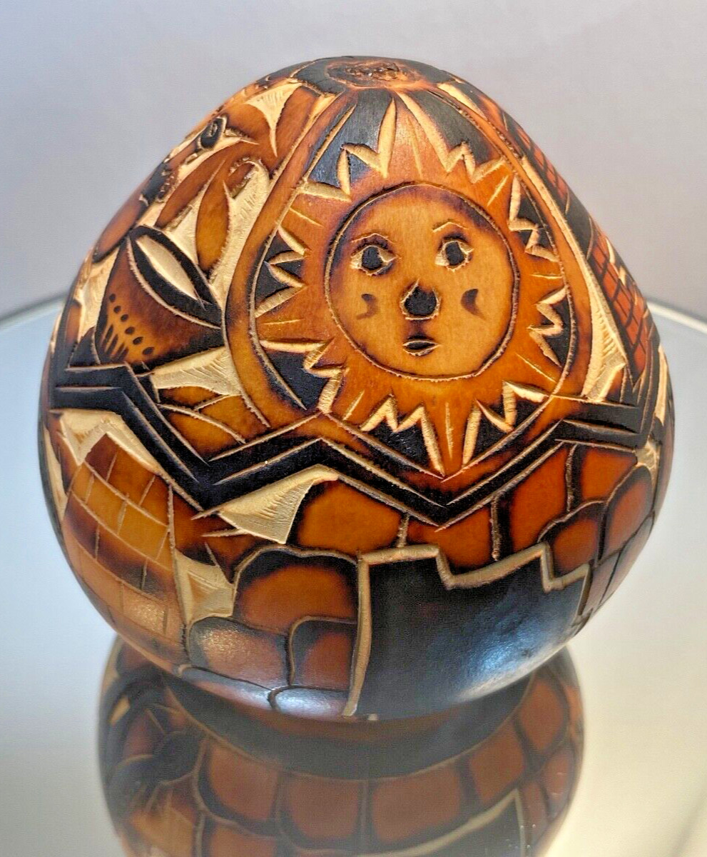 Vintage Peruvian Hand Carved Music Gourd Folk Art Gourd Peru Life Culture