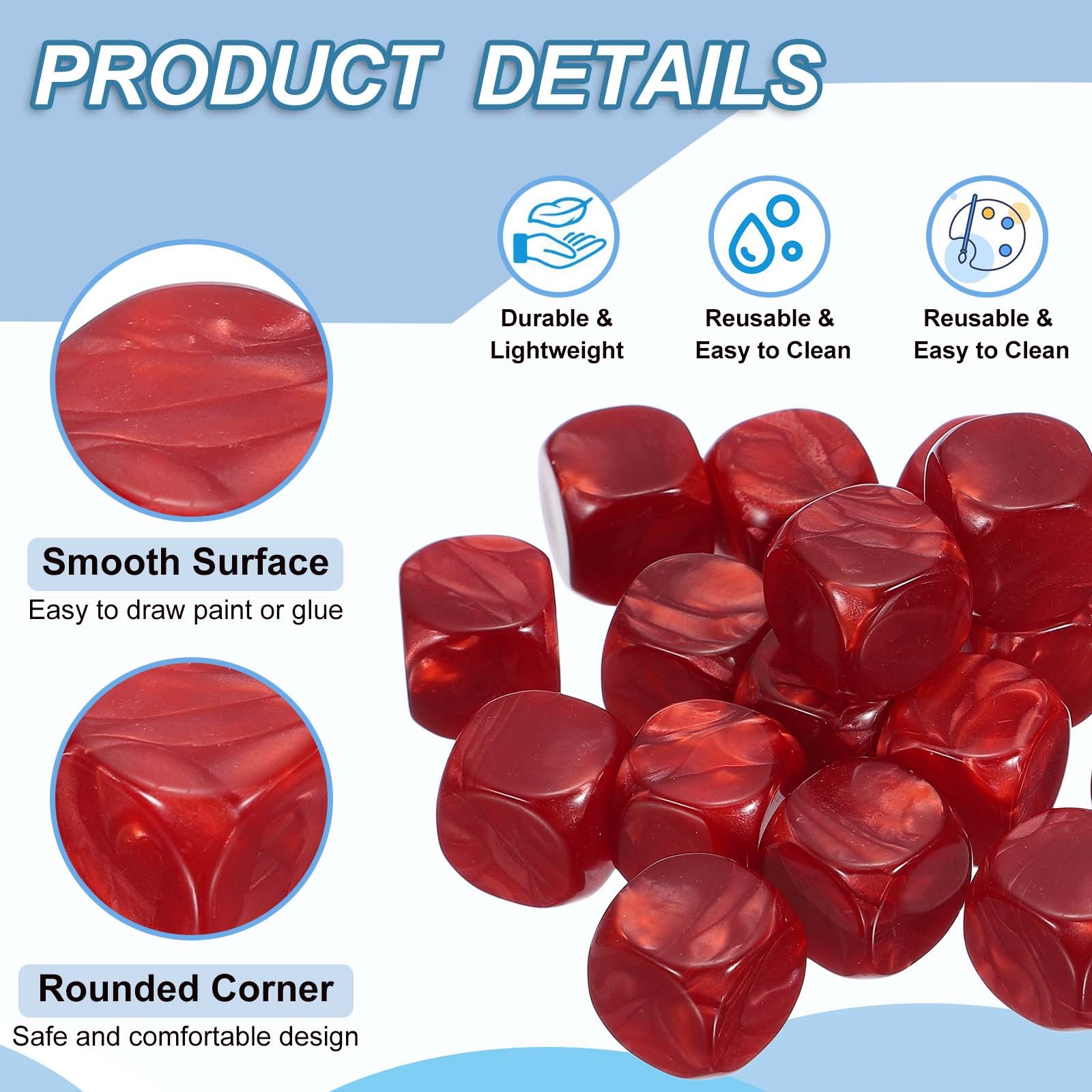 16 mm Dice Blank 50 Pcs Rounded Corner with Pearl Smoothed Surface Red