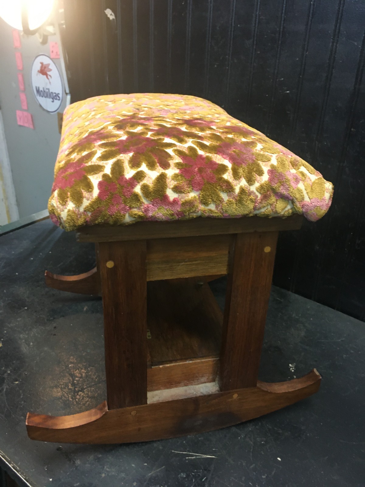 Wood Footstool- Vtg Rocking Floral Tapestry Upholstered Padded Wooden Stool