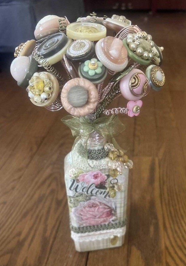 Vintage Style  Bottle Button Decoupage Mixed Media Art Shabby Chic Decor 12”