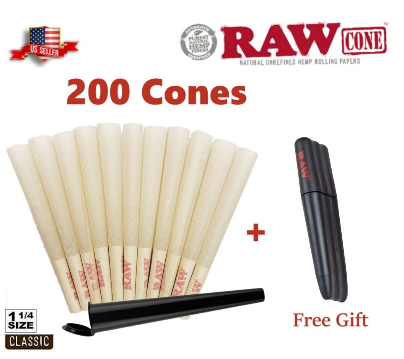 Authentic RAW Organic 1 1/4 Size Pre-Rolled Cones 200 Pack &  Tree case