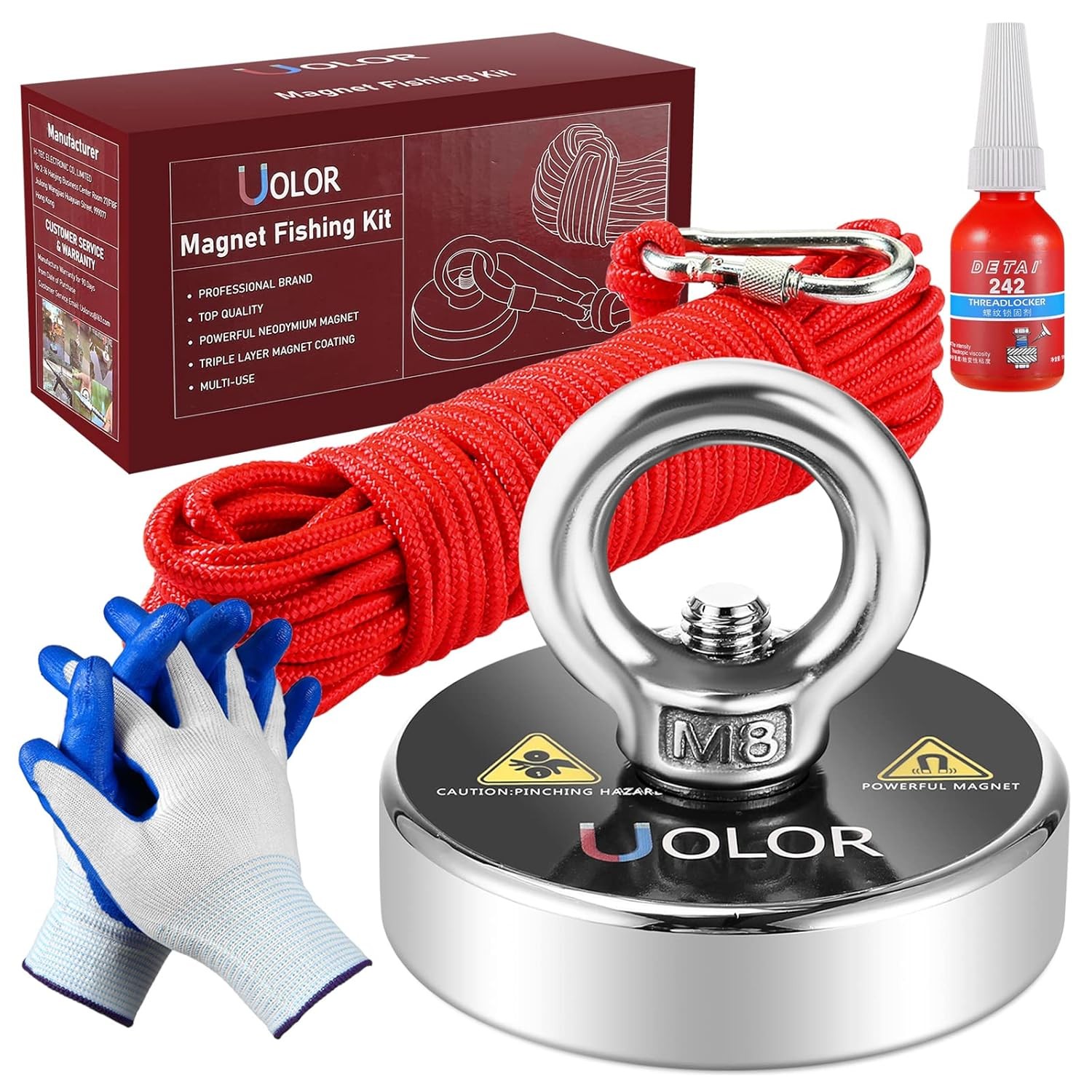 Uolor Magnet Fishing Kit with Rope 20M(66ft), Gloves & Threadlocker, N35 Super