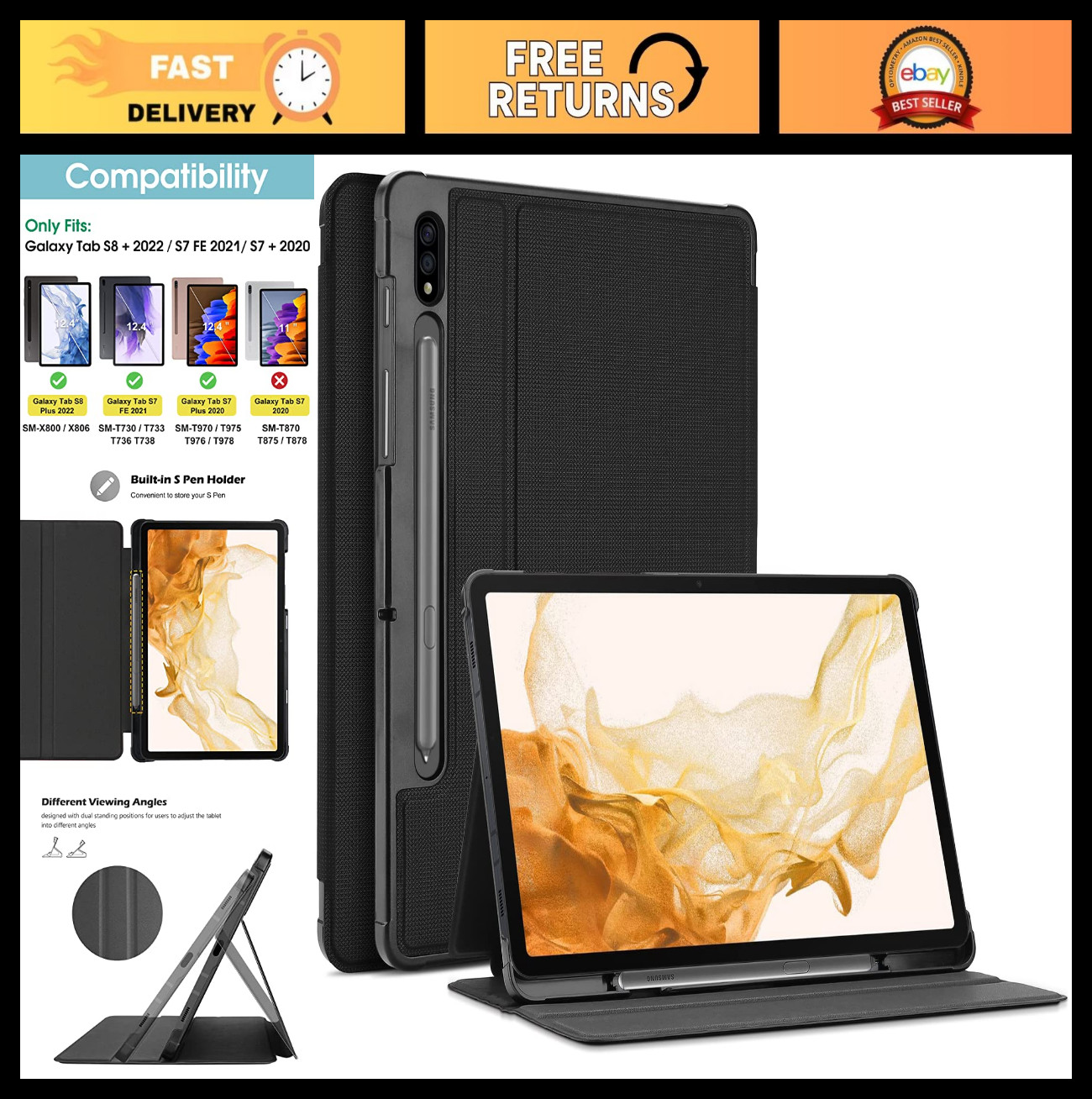 12.4" Galaxy Tab S7 FE/S8 Plus/S7 Plus Case with S Pen Holder - Smart Cover, Bla