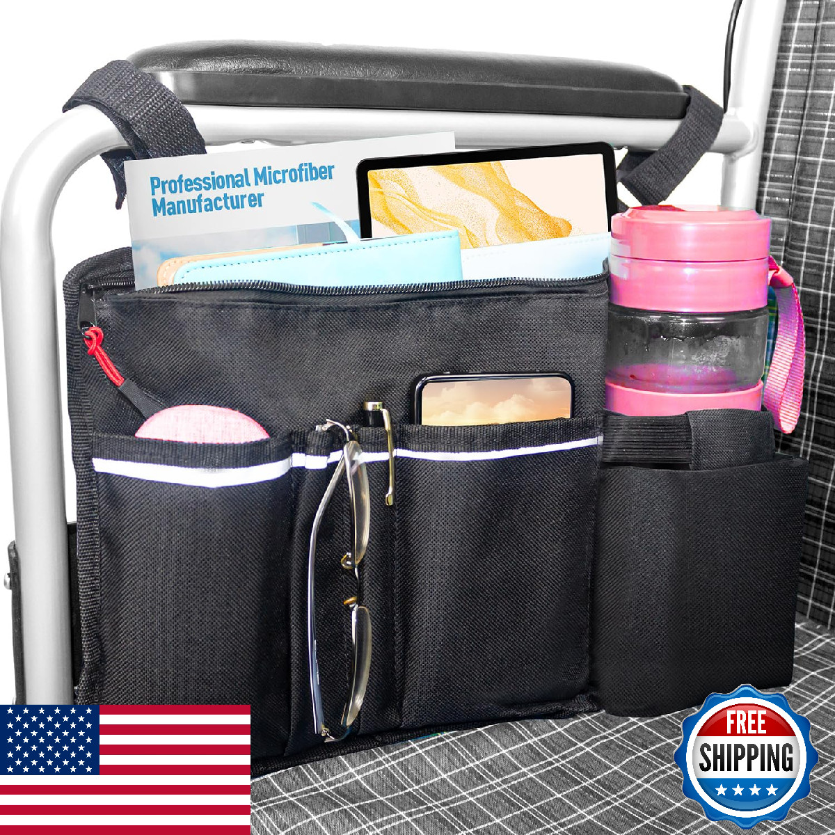 EVEME Wheelchair Side Bag with Cup Holder,Wheelchair Storage Pouch,Wheelchair Po