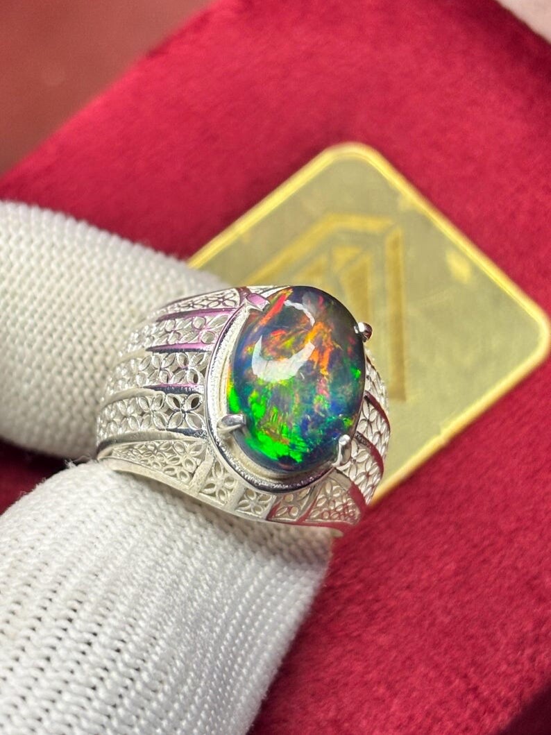 High Fire Natural Black Opal Ring, Fire Black Opal Men’s Ring, Ring For Men