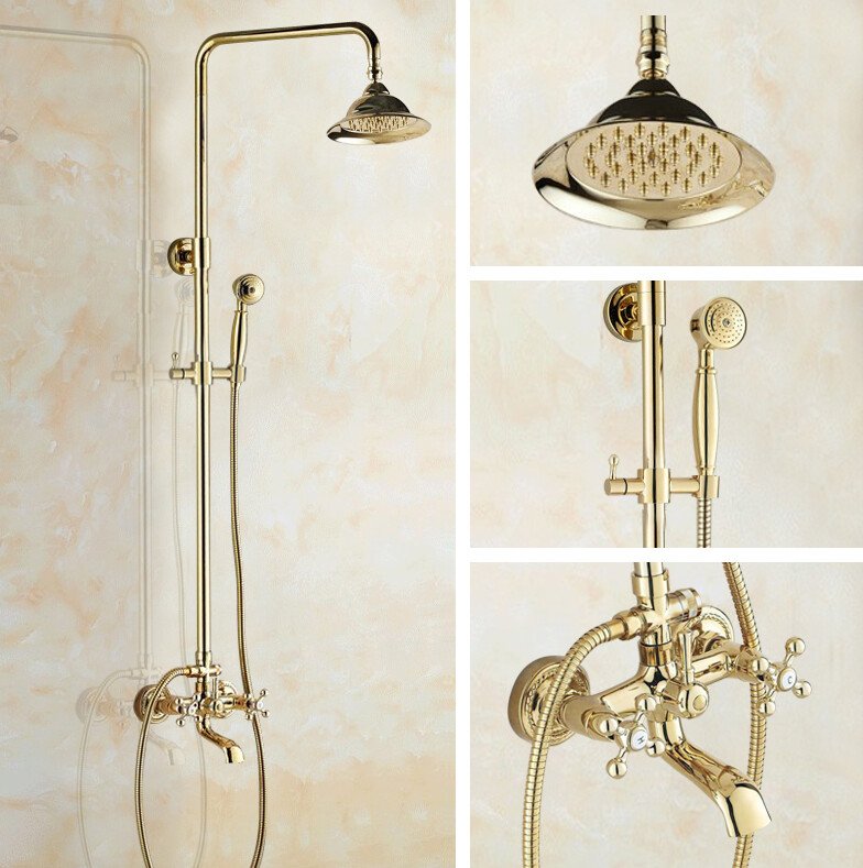 Gold Brass Rainfall Bathroom Rain Shower Set W/ Wall Mount Tub Mixer Tap 2gf347