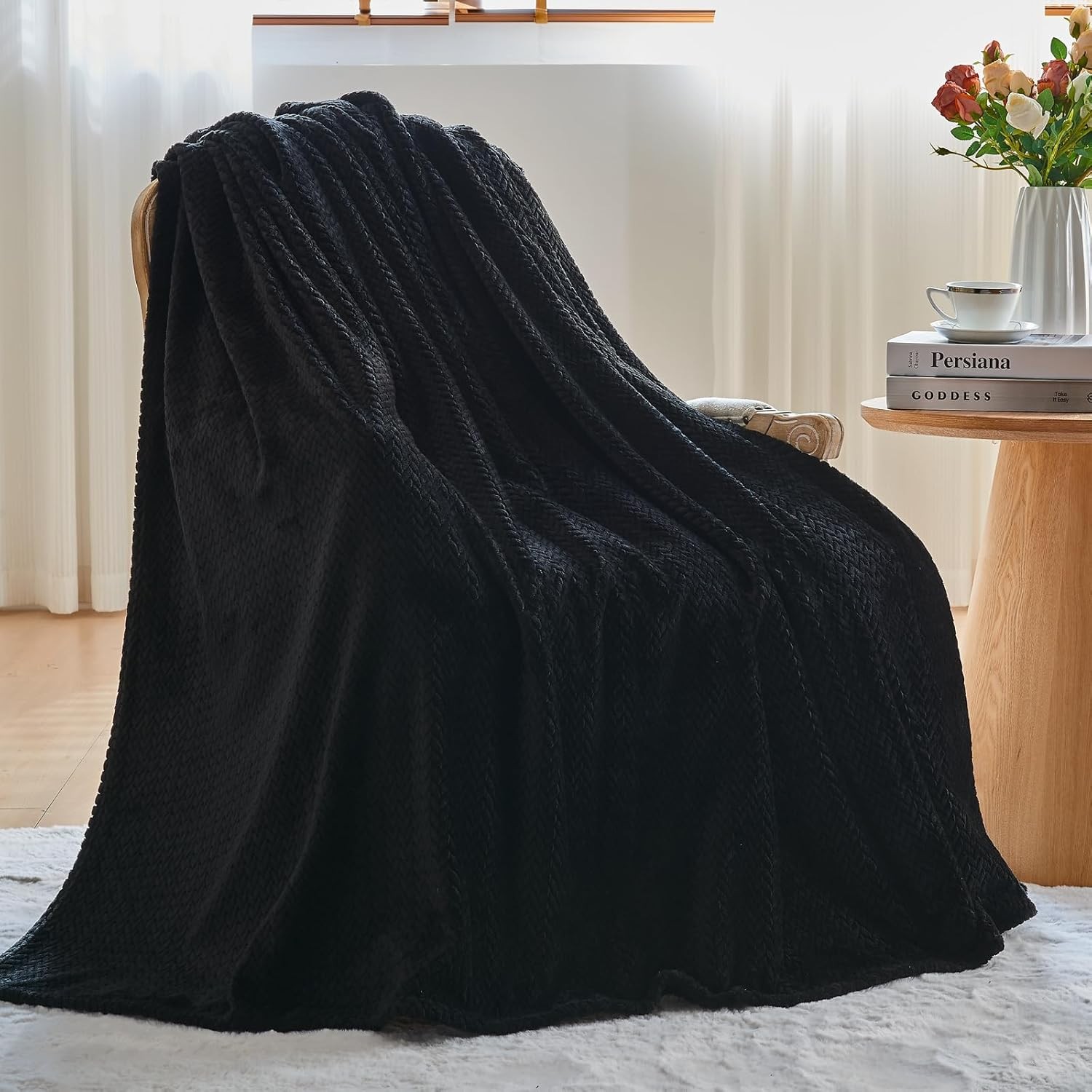 Super Soft Queen Blanket Black Premium Silky Flannel Fleece Leaves Pattern
