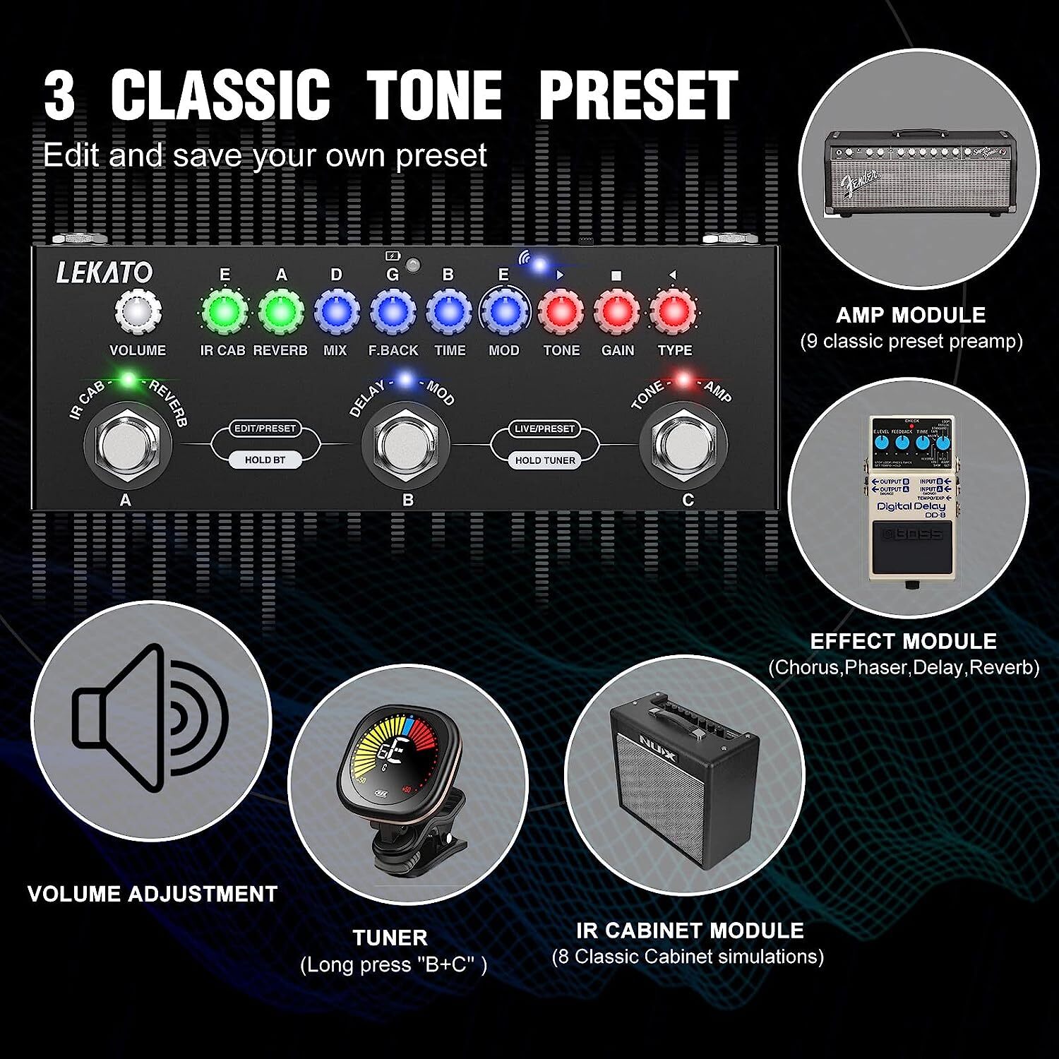Professional Multi Effects Guitar Pedal IR Loading Rechargeable Amp Model BT 5.0