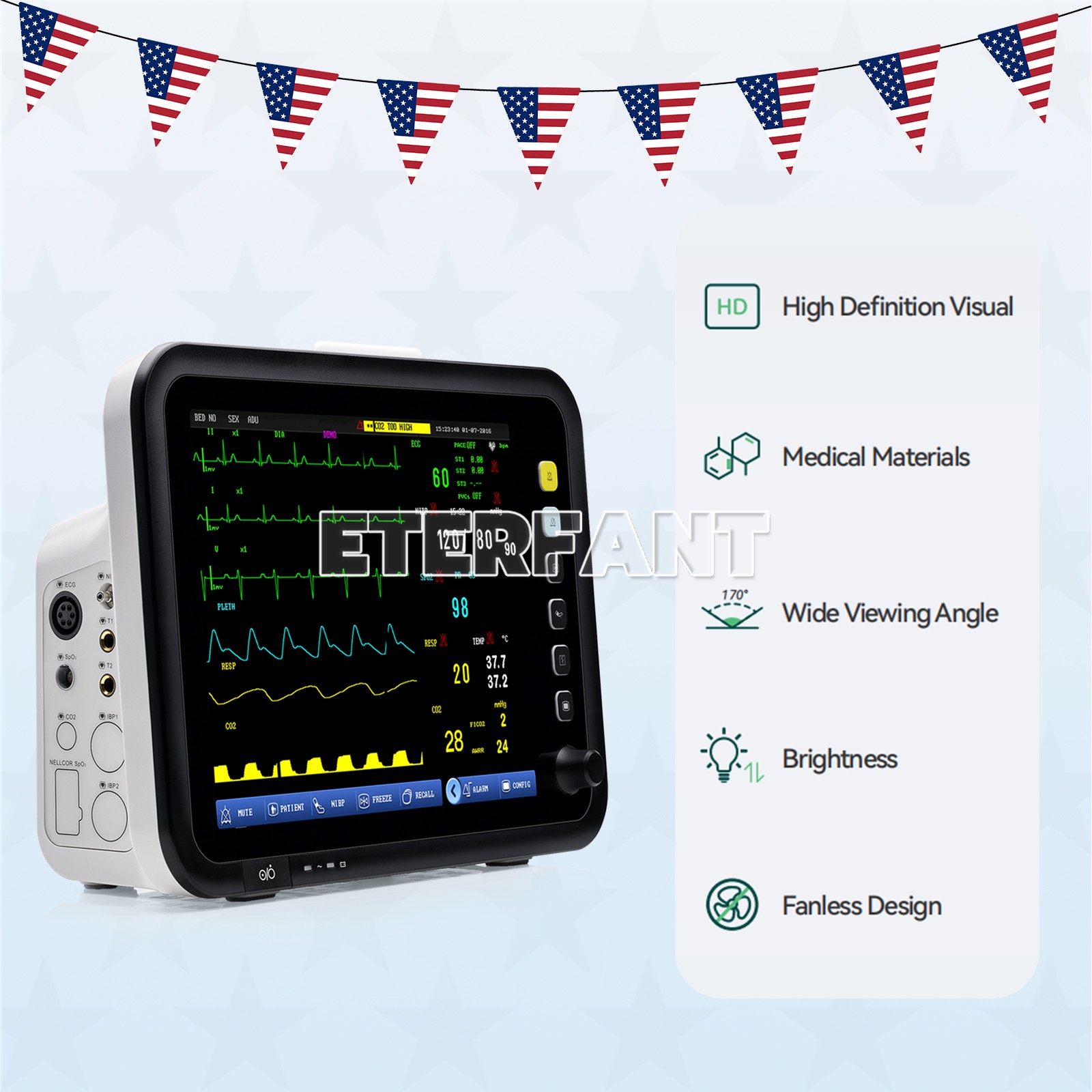 12" YK8000C Vital Signs Patient Monitor ECG NIBP SPO2 TEMP RESP PR ICU Hospital