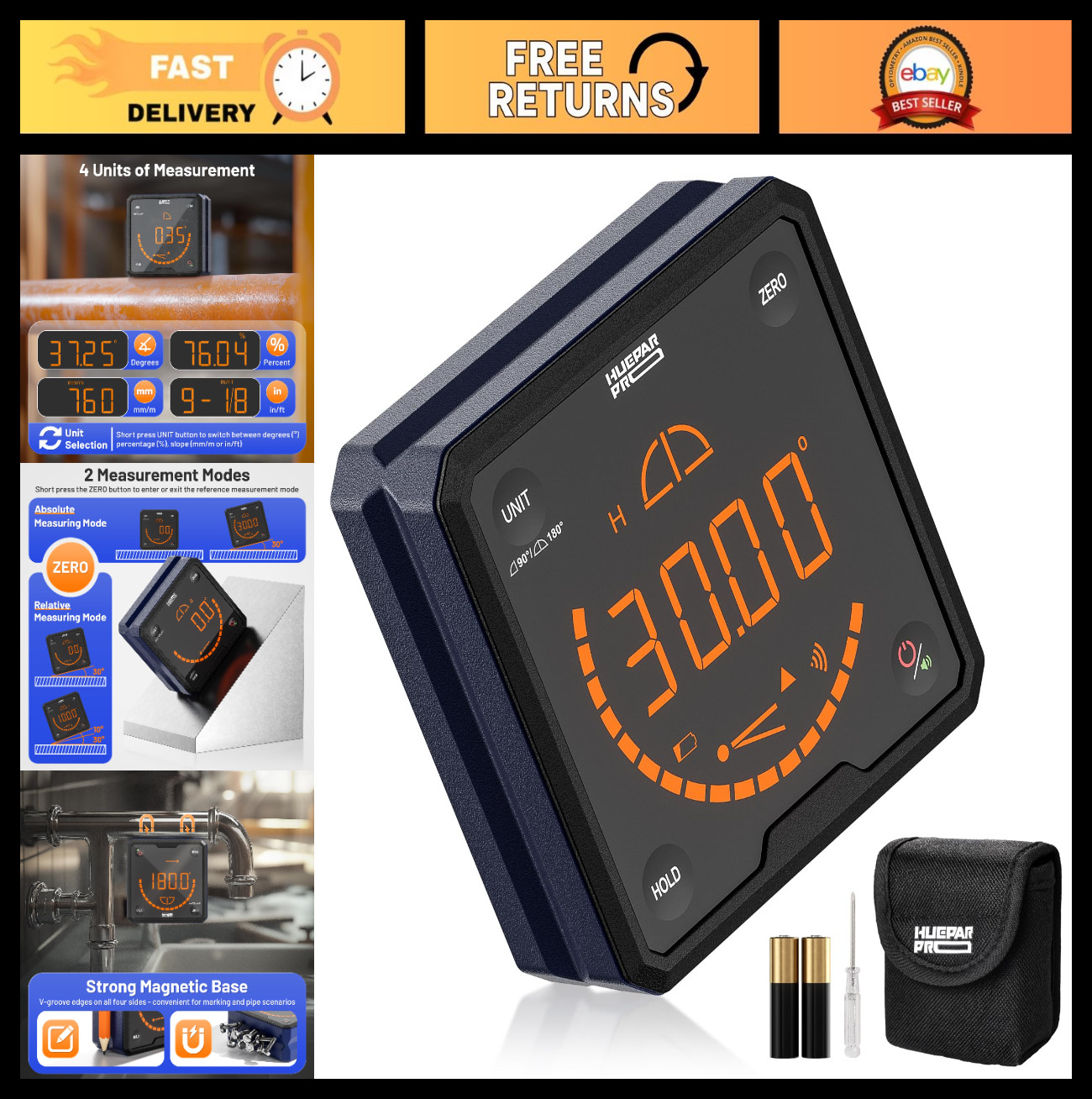 Digital Angle Gauge Level with V-Groove Magnetic Base & Backlit LCD - Protractor