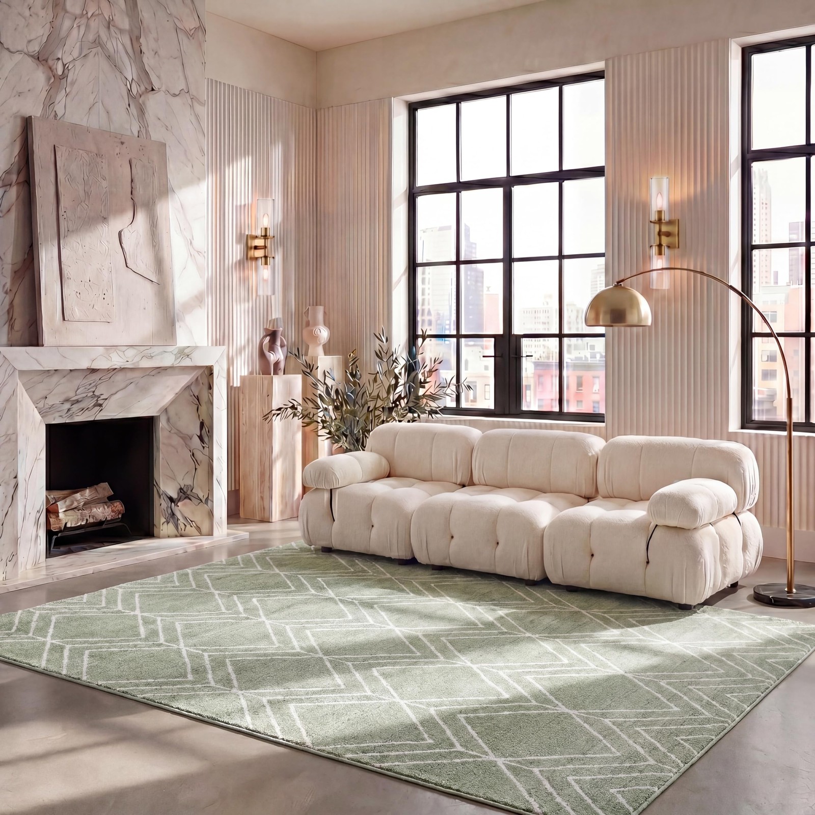 Area Rug 8x10 - Adirondack Collection - Large - Sage & Ivory, Modern Geometri...