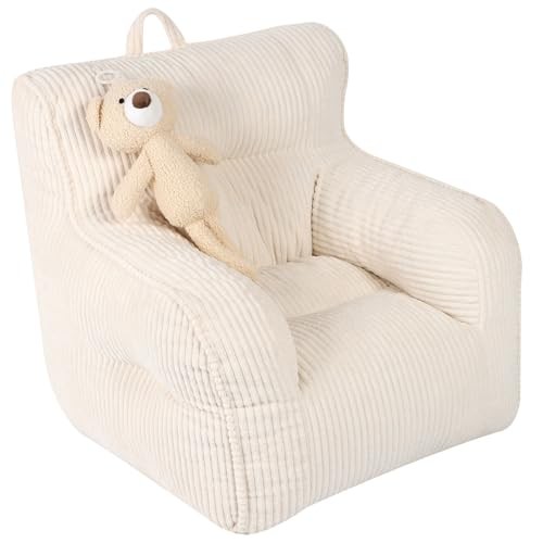 Kids Bean Bag Chair with a Plush Bear, Comfy Toddler Chair for Boys and Beige
