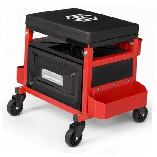 Mechanic Stool Garage Rolling Tool Chest Seat w/Drawer & Tray, 350LBS Red