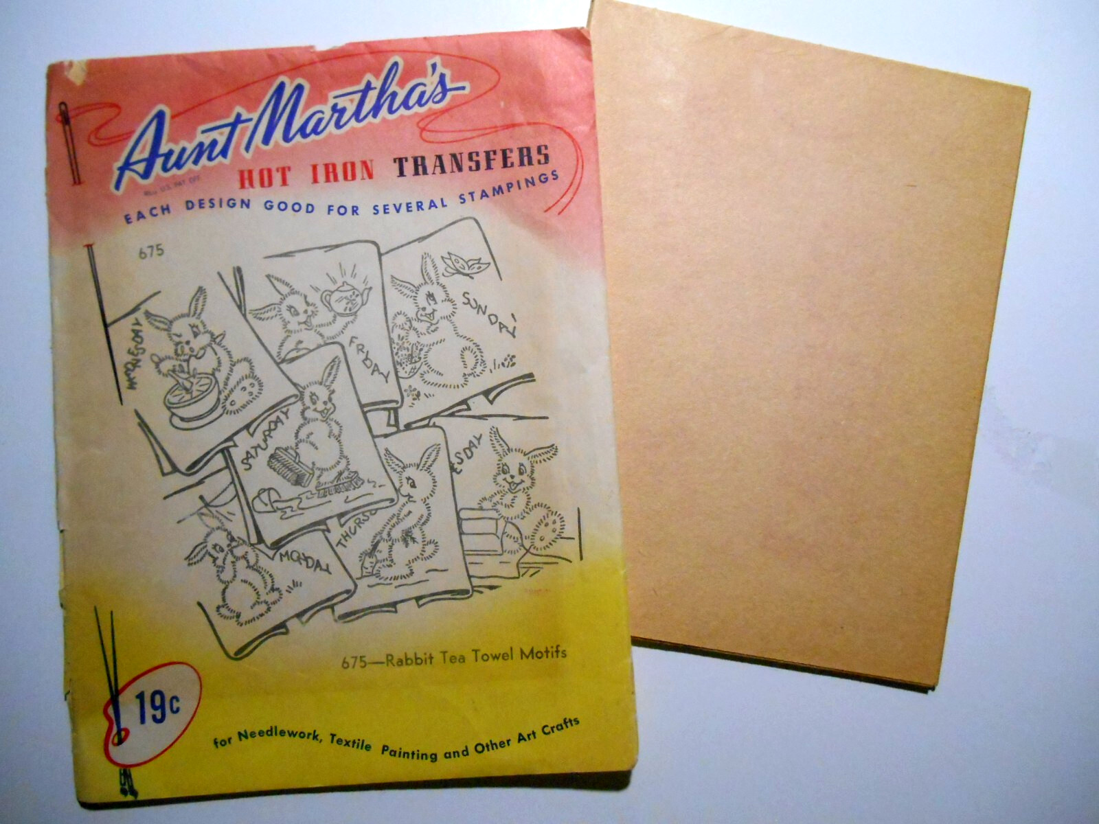 Vintage Aunt Marthas Hot Iron Transfer #675 BUNNIES Rabbit 7 Day Tea Towel Motif