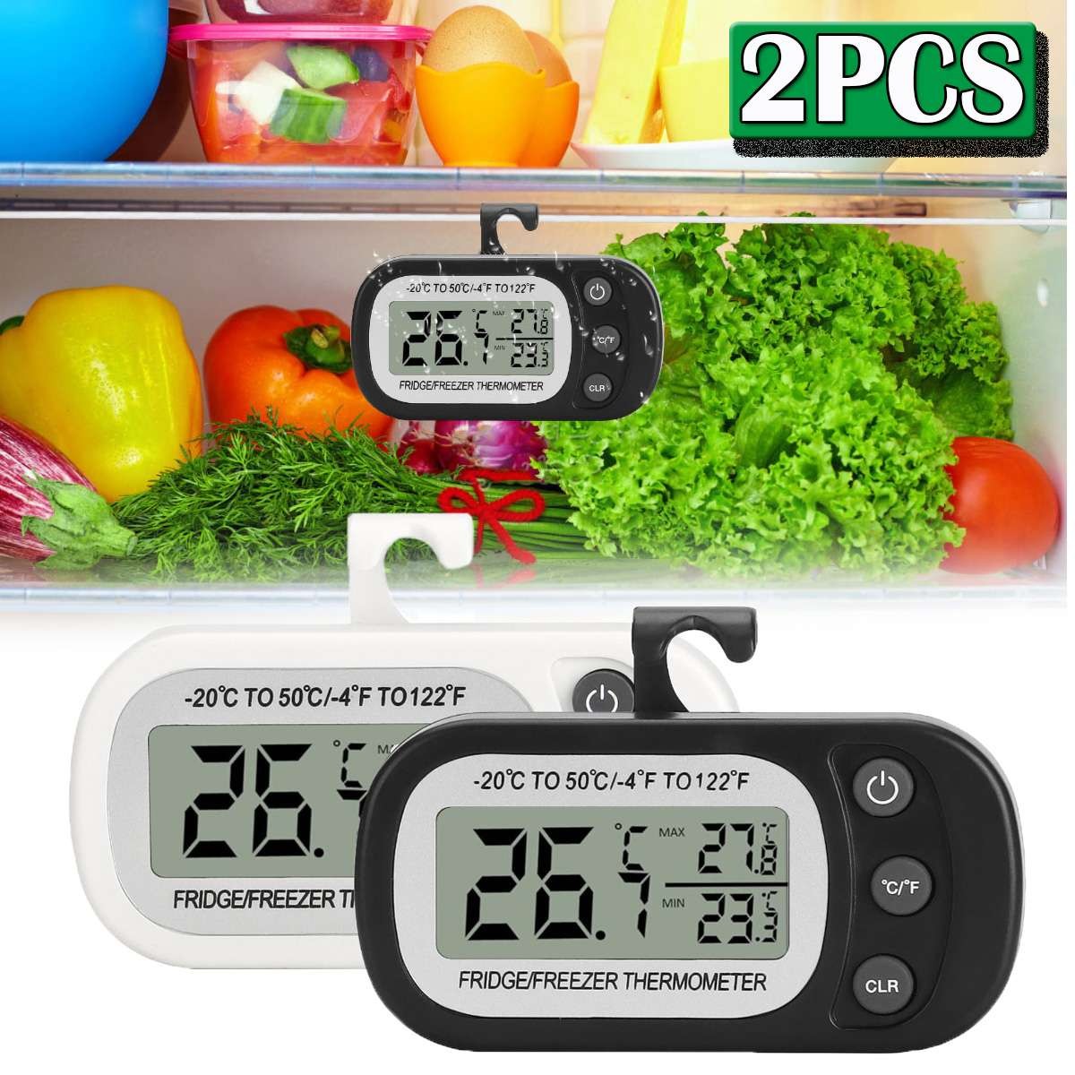 2X Waterproof Refrigerator Thermometer Digital Fridge Freezer Large LCD Display