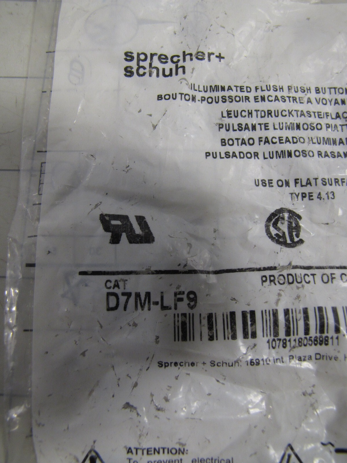 Sprecher Schuh D7M-LF9 Metal Illuminated Flush Pushbutton -NEW-