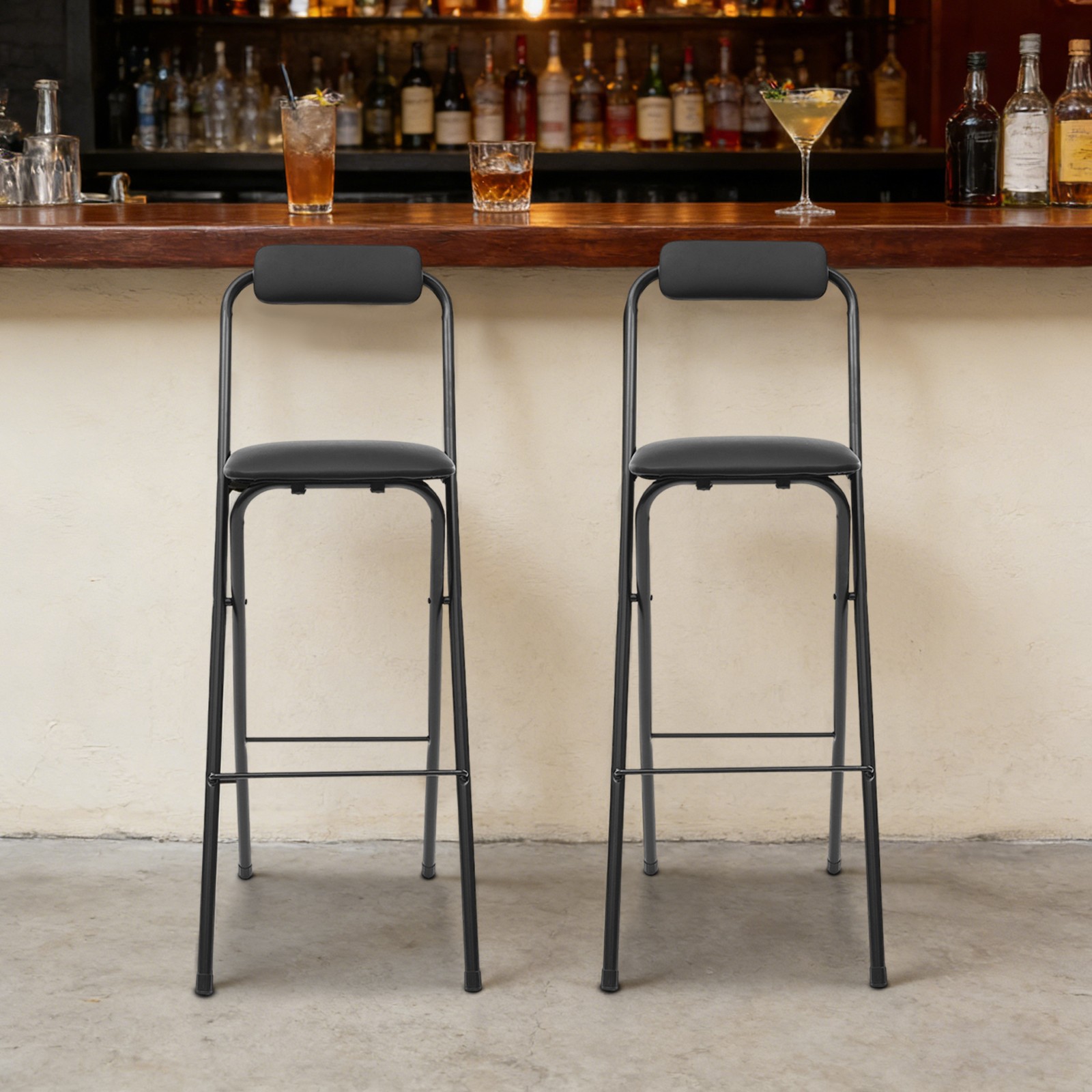 2Pcs Black Foldable Bar Chair Modern Tall Folding Chair Portable Folding Stool