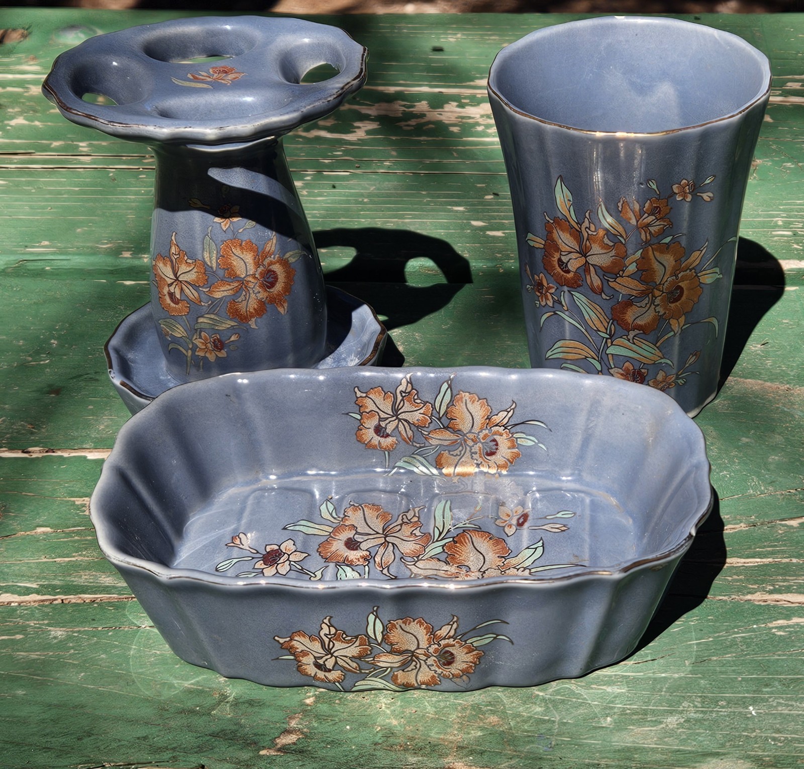 Vintage Porcelain Cup Toothbrush Soap Japanese Floral Motif Slate Blue Gold SET