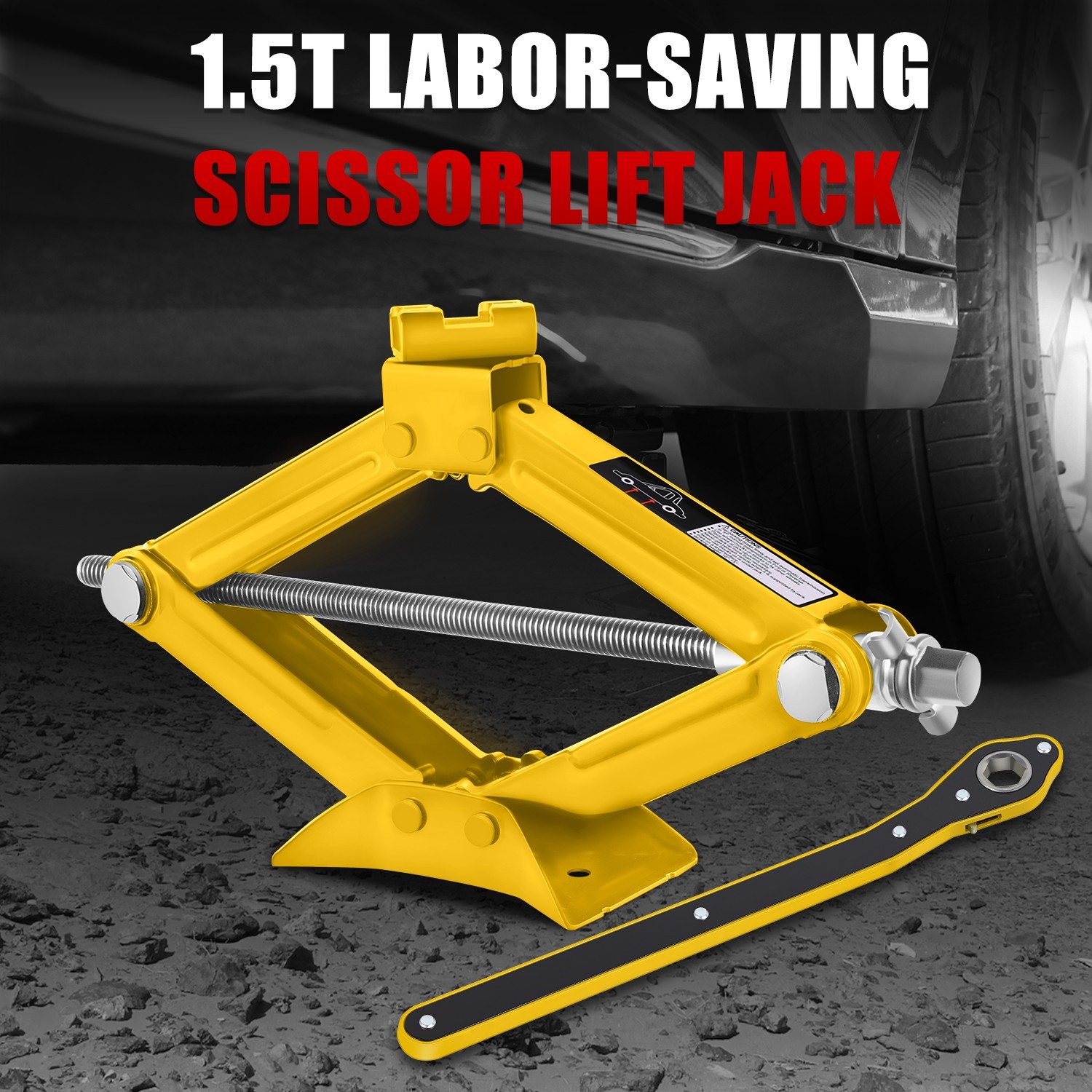 Labor-Saving 1.5 Ton Scissor Lift Car Jack Tool Kit w/ Ratchet Wrench Yellow