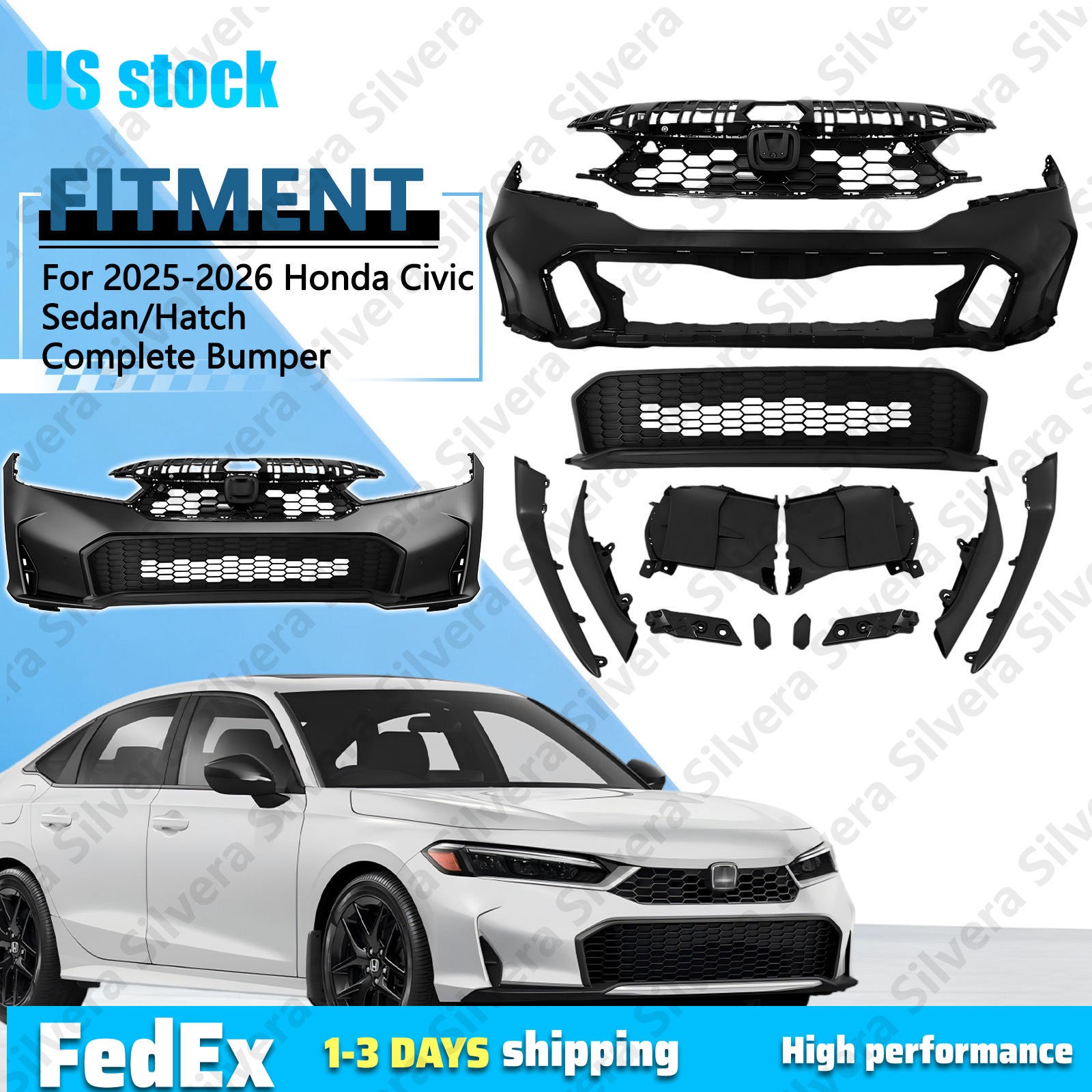 For 2025-2026 Honda Civic Front Complete Bumper Cover Kit W/ Upper Lower Grille