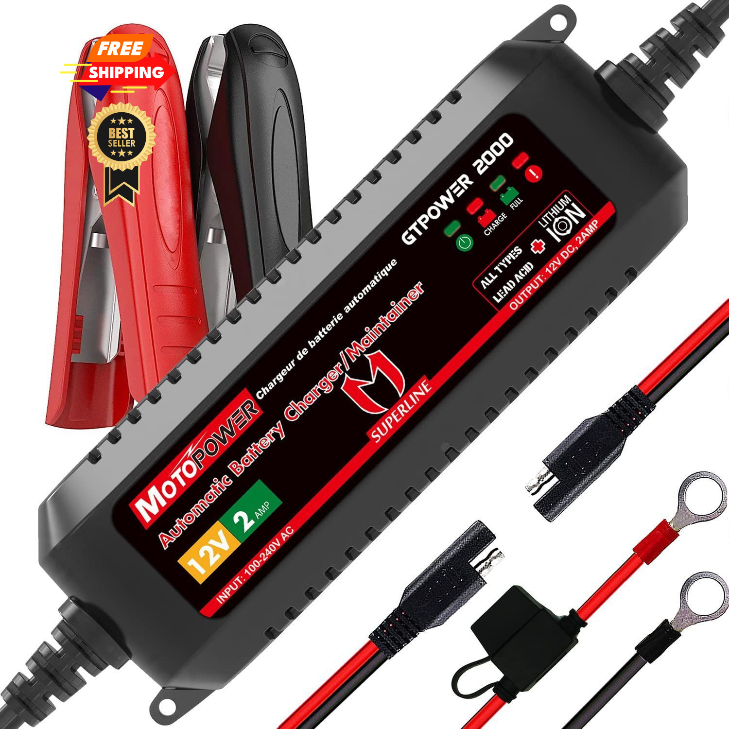 MOTOPOWER MP00207A 12V 2Amp Automatic Battery Charger Maintainer Black