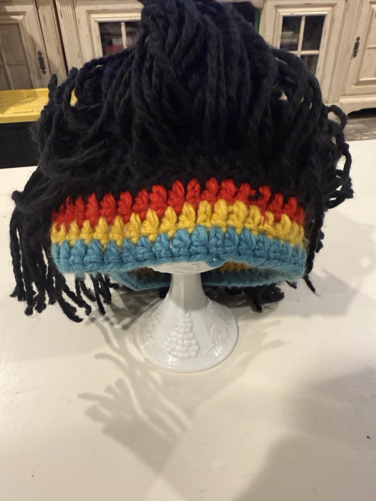 Men's Knit Hat With Hair - Funny Handmade Knitting Winter Beanie Rasta With D...