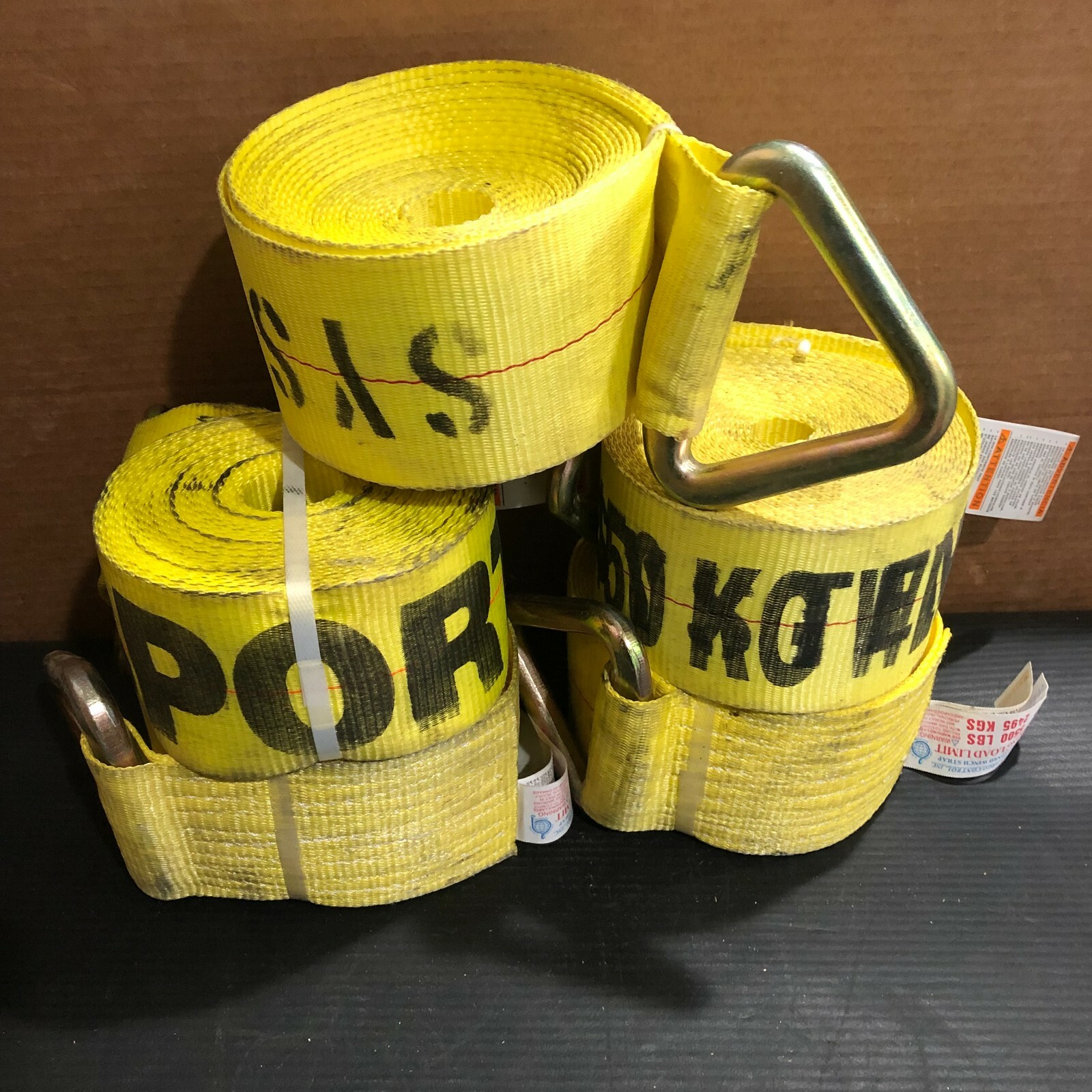 (5 ROLLS) 4" x 20" DELTA YELLOW STRAP WITH D/ RING FLATBED CARGO STRAP FREE SHIP