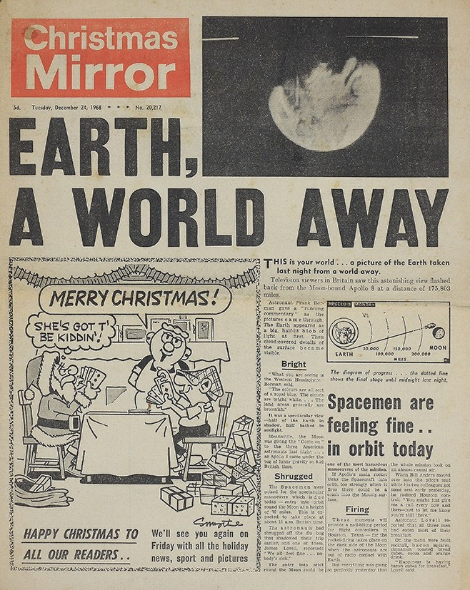 DAILY MIRROR NEWSPAPER 24 DEC 1968 . APOLLO 8 MOON ORBIT . EARTH - A WORLD AWAY