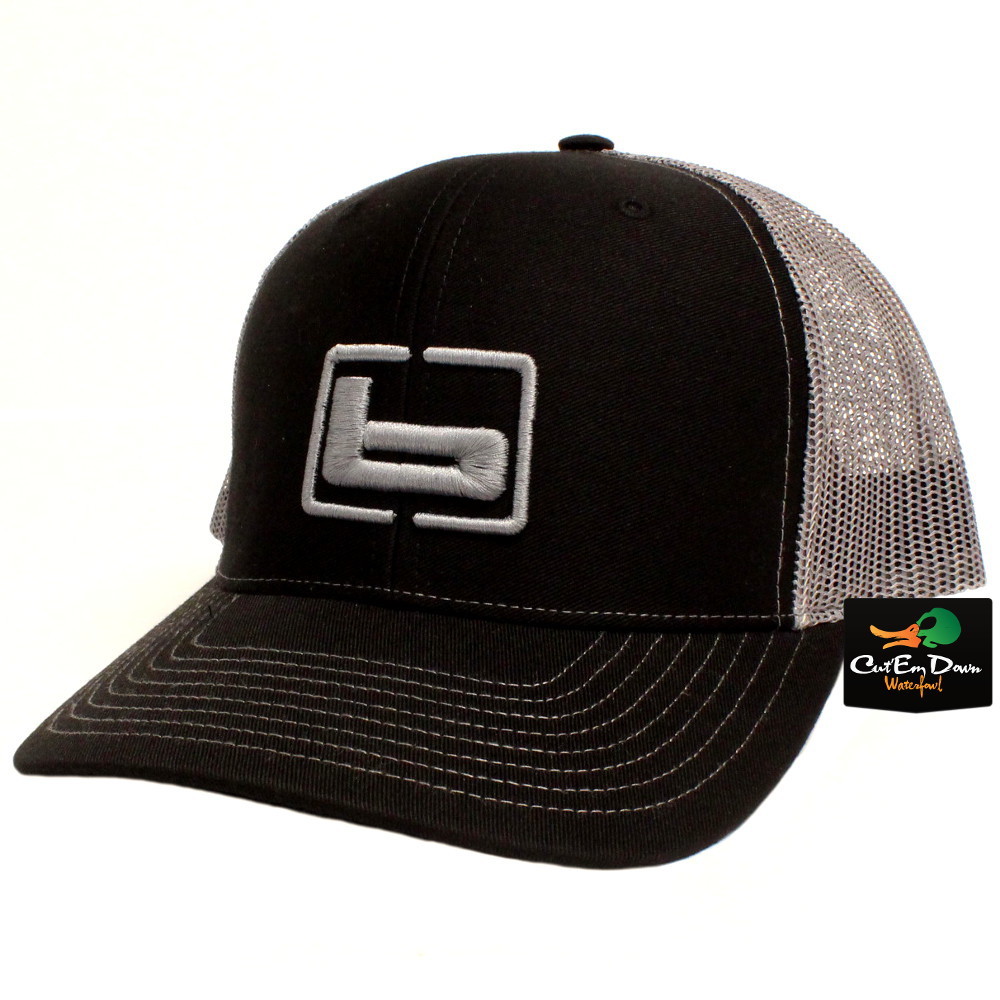 NEW BANDED TRUCKER CAP MESH BACK HAT BLACK AND CHARCOAL W/ "b" LOGO