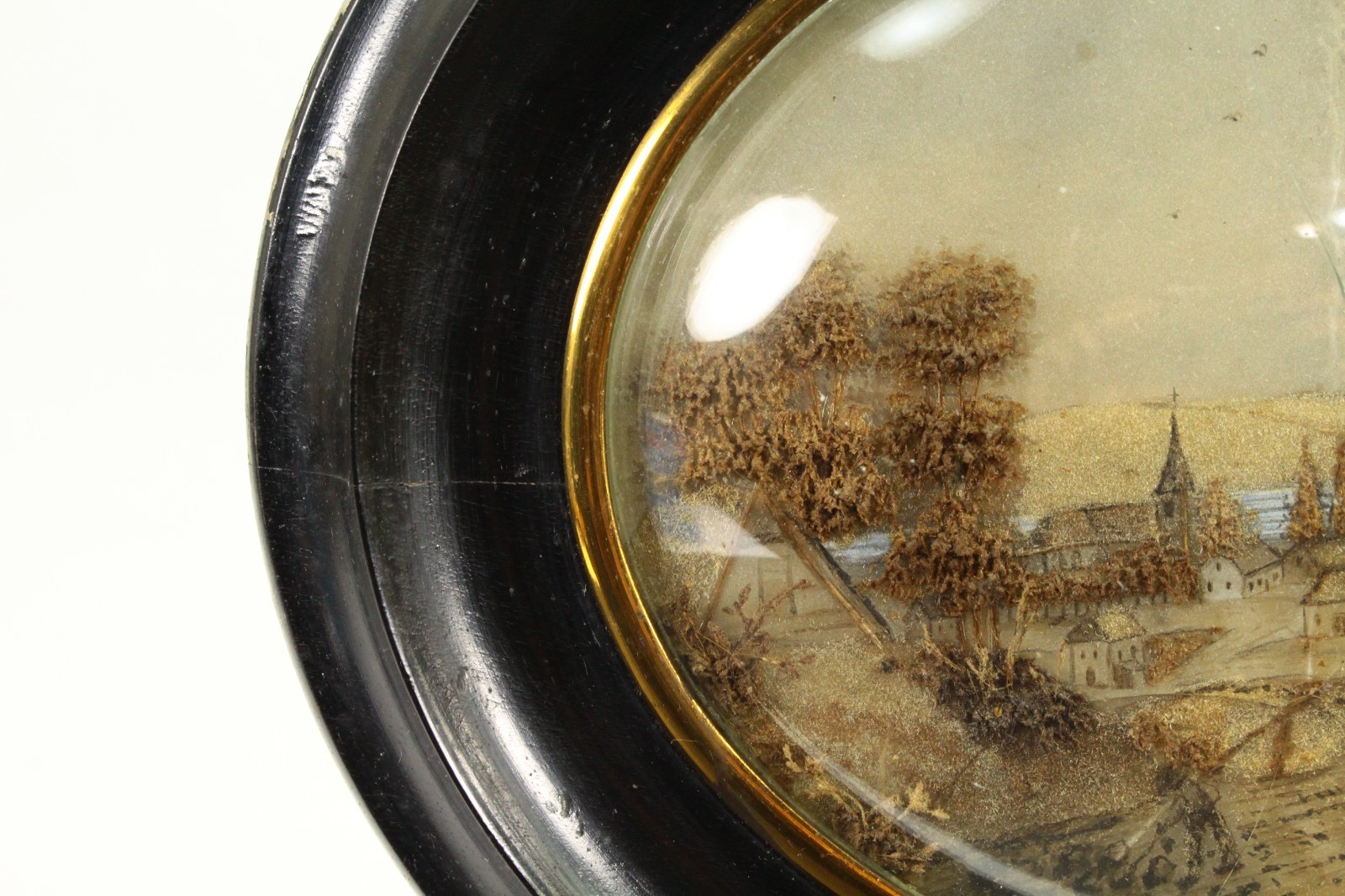 Antique 19th C. Mixed Media Reverse Glass Grisaille Diorama Oval Ebonized Frame