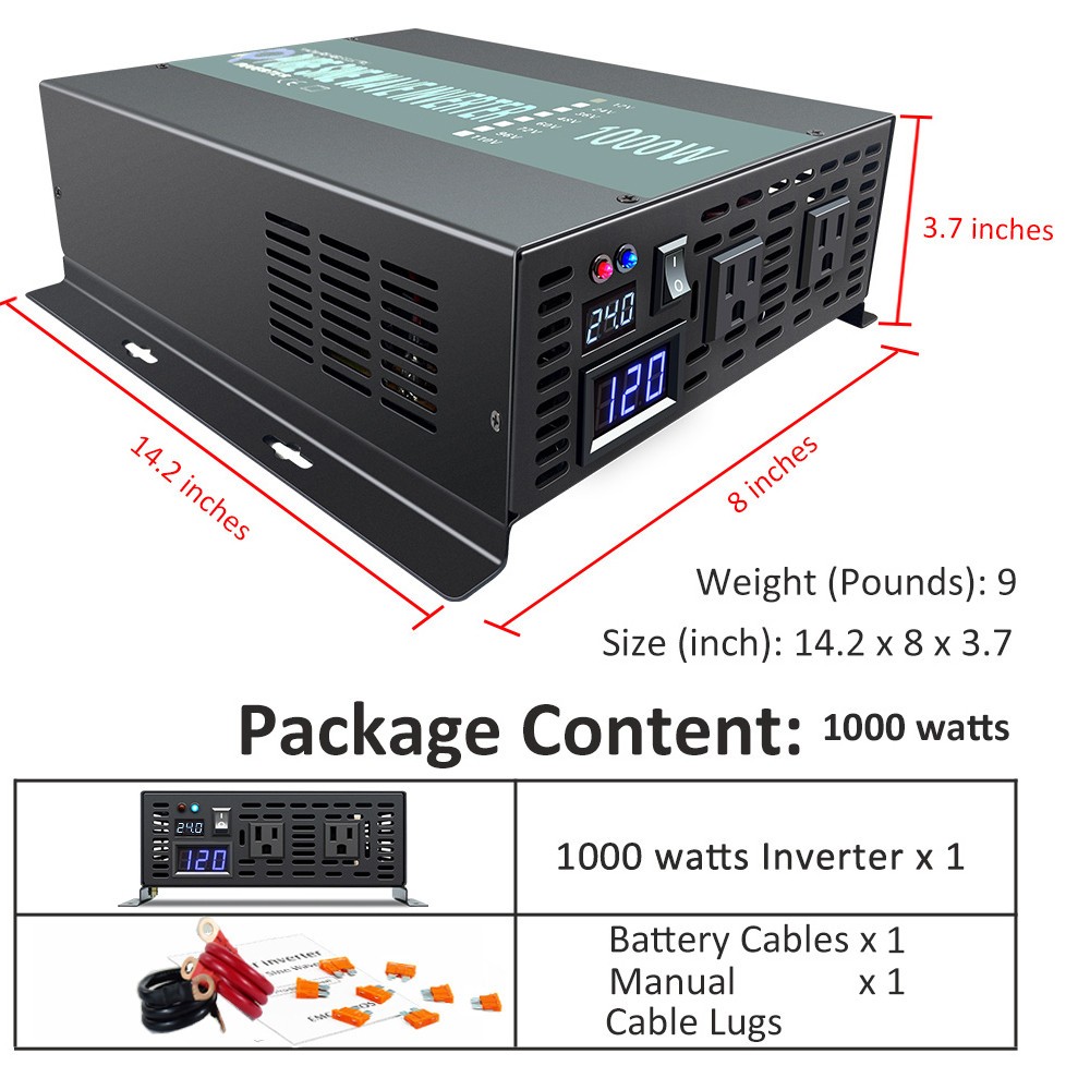 1000W Pure Sine Wave Inverter 24V to 110V 120V Power Converter Truck Motor Solar