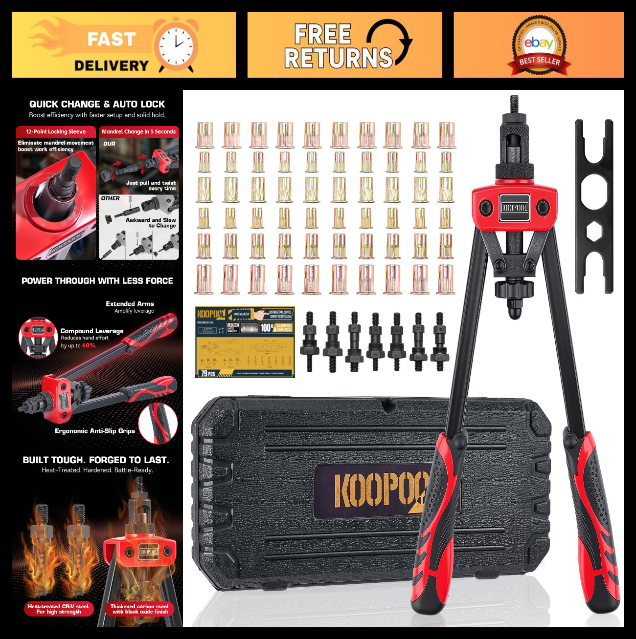 14" Heavy-Duty Rivet Nut Tool Kit with 7 Mandrels & 70 Rivet Nuts, Rugged Case